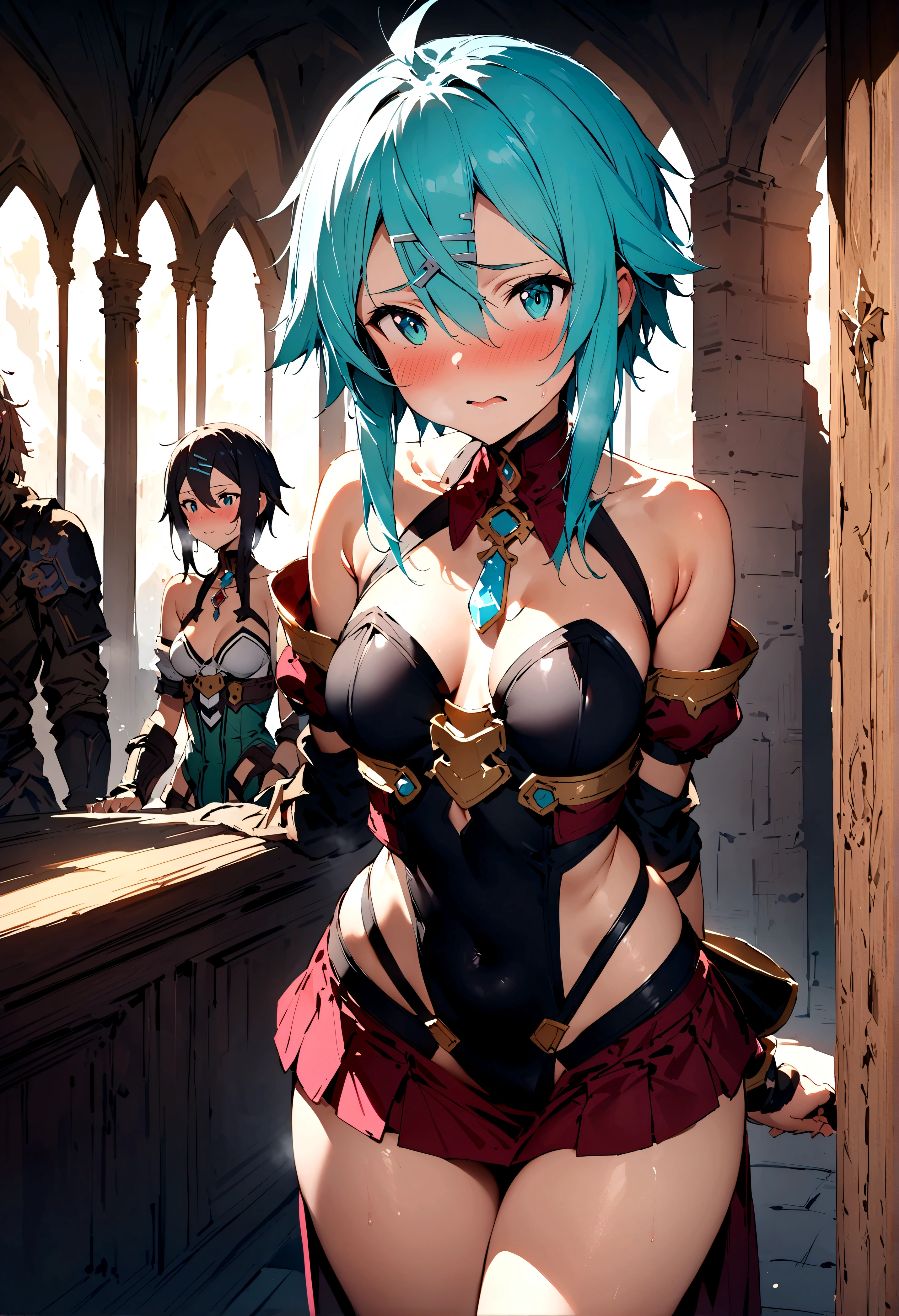 NSFW,masterpiece,Highest quality,High resolution,Super detailed,Sinon\(Sword Art Online\),Bare shoulders,Removable sleeves,Hand guard,leotard,mini skirt,gem, hair ornaments, Hair Clip,Embarrassed,expectant face,(Lust),(Estrus),blush,Fantasy,Adventurer&#39;s Guild,reception,indoor