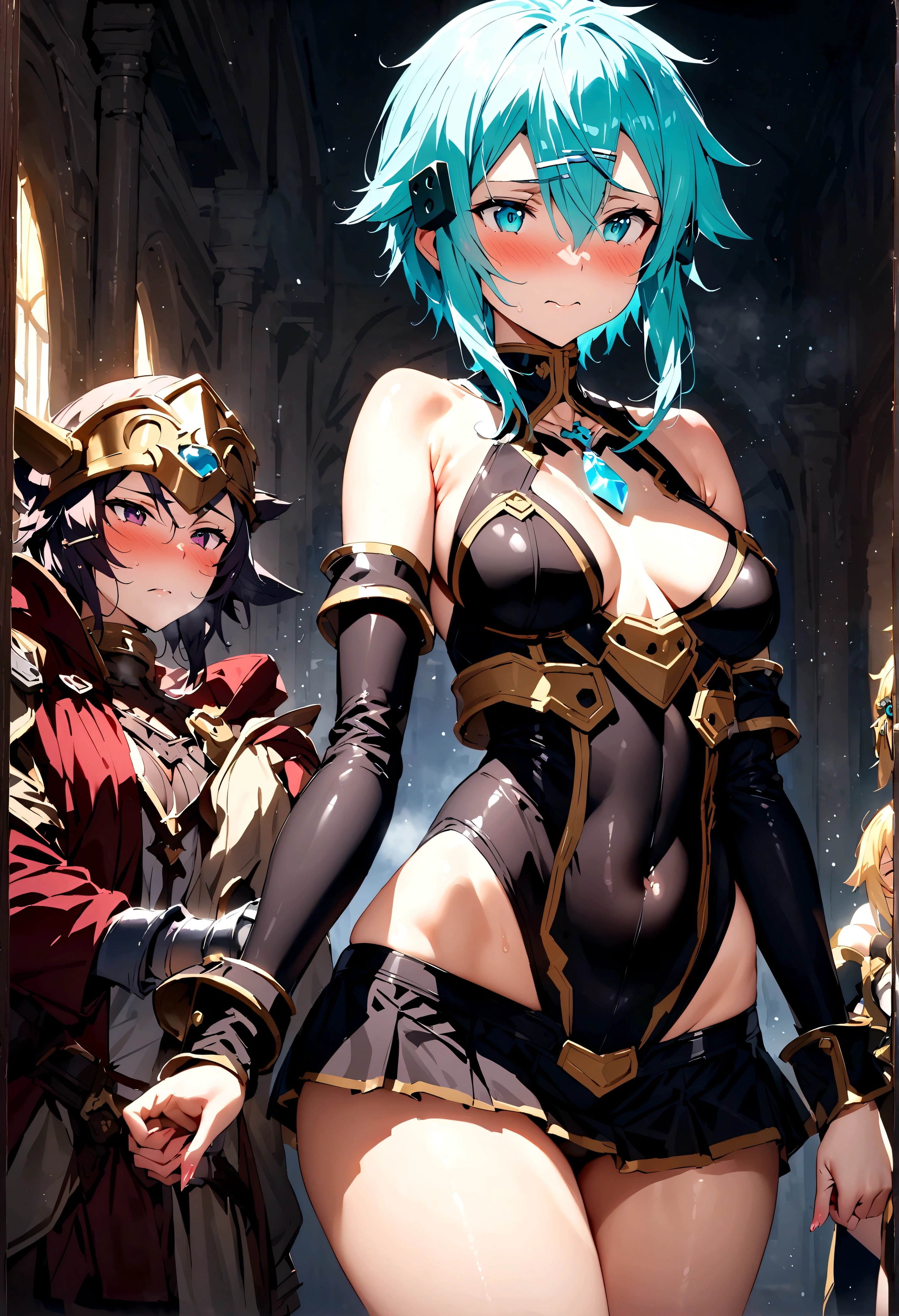 NSFW,masterpiece,Highest quality,High resolution,Super detailed,Sinon\(Sword Art Online\),Bare shoulders,Removable sleeves,Hand guard,leotard,mini skirt,gem, hair ornaments, Hair Clip,Embarrassed,expectant face,(Lust),(Estrus),blush,Fantasy,Adventurer&#39;s Guild,reception,indoor