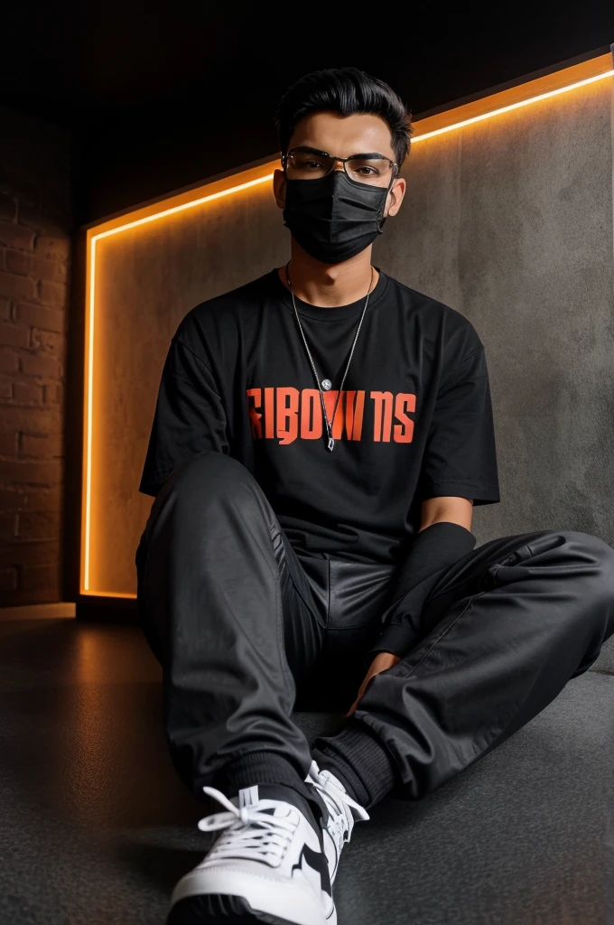 create a 3D illusion for a profile picture where a 14 year old boy cute BOY in a BLACK shirt sitting casually on a wingback Tiger, wearing sneakers, with black mask, and sunglasses, be looks ahead, the background features VIKAS in big and capital Light red neon light font on the dark grey wall, there should not be his shodow, and there are wings to make it appear as if be is an angel.