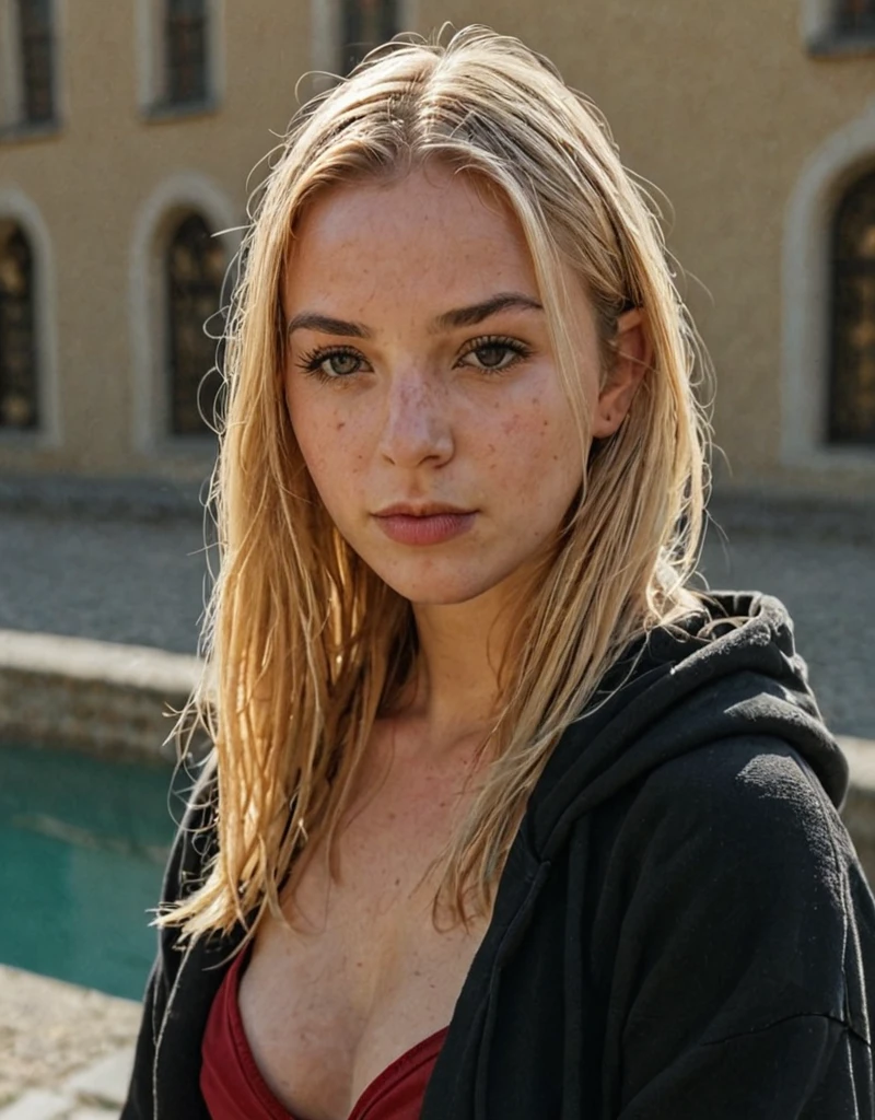 young woman, blonde hair, outdoor portrait, black hoodie, neutral expression, urban background, backlit, golden hour, soft focus, bokeh, European, streetwear, gaze towards camera, head and shoulders shot, clear skin, subtle makeup, natural lighting, high resolution image, Fujifilm XT3, Canon R5, Fujicolor Fujichrome Velvia 100 , debout , robe sexy moulante rouge , piscine , champagne