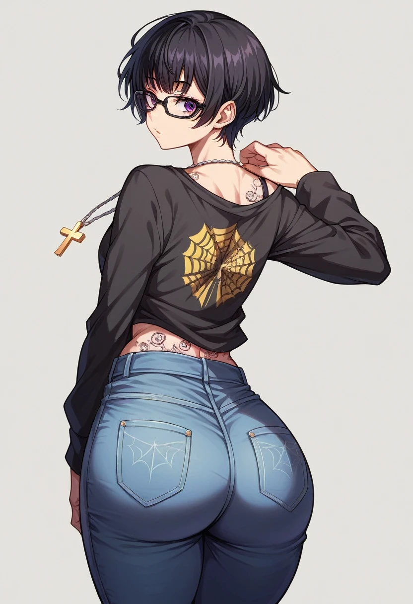 a sexy girl,Shizuku Murasaki, hxh, black hair, short hair ,short-layered black hair with, black glasses, black longsleeve, blue jeans, big eyes, golden cross pendant, spider tattoo on abdomen, big ass, view from behind