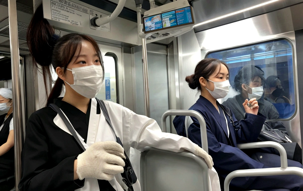 Wear a maskし、Woman holding a mobile phone in her hand, Wear a mask, (SFW) Safe at Work, Wearing a mask, A surgical mask to cover the mouth, Wear a maskする, 植物性ガスWear a mask, By subway, Robot wearing a human mask, Medical masks, Wearing dirty travel clothes, I sat on the train, ガスWear a mask