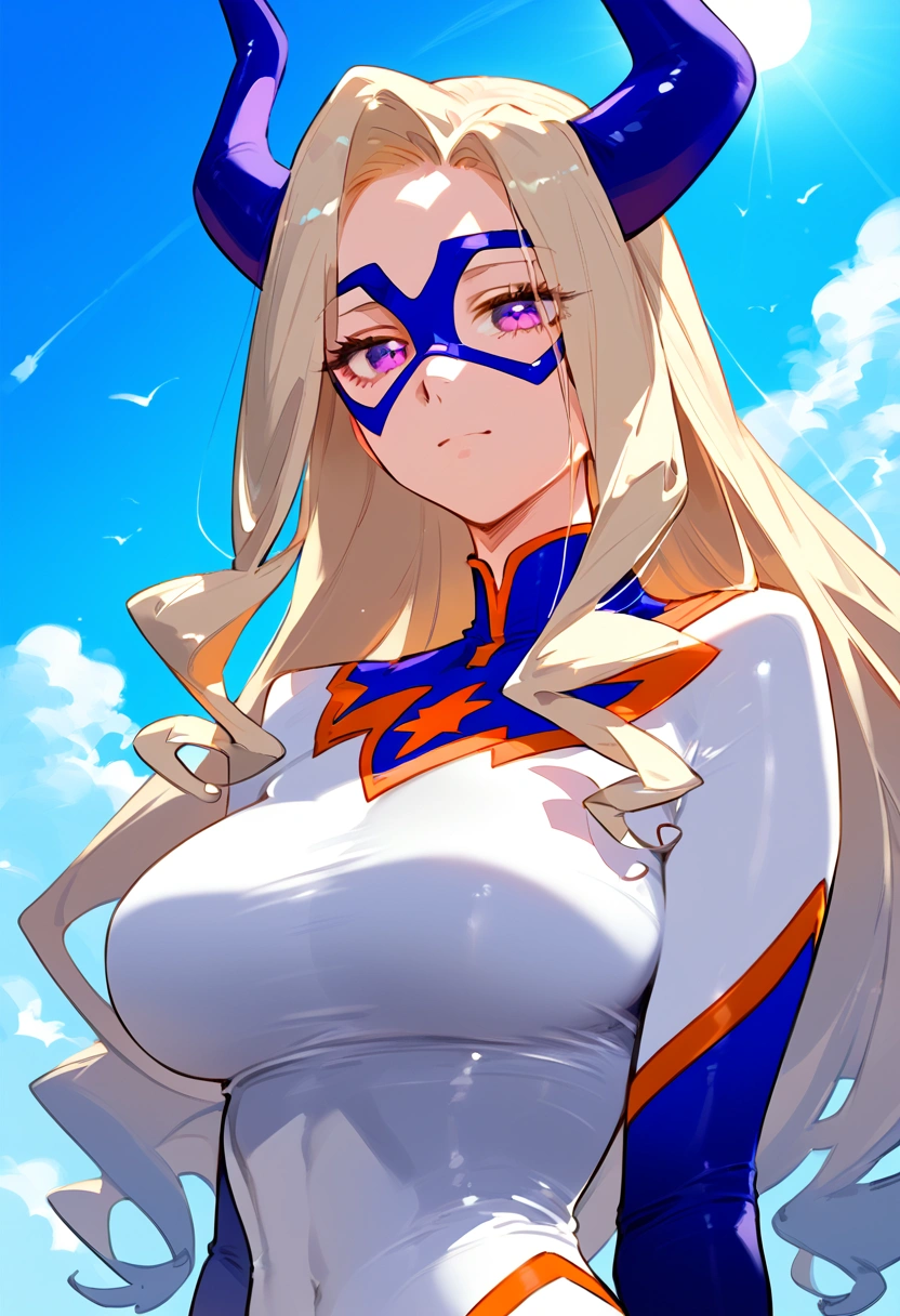 anime artwork, score_9, score_8_up, score_7_up, score_6_up, score_5_up, score_4_up, Mount Lady, blonde hair, purple eyes, big breasts, she is 24 years old, style_3, ,,,  , , ,floox style , _, standing, ,sky, sun, clouds,