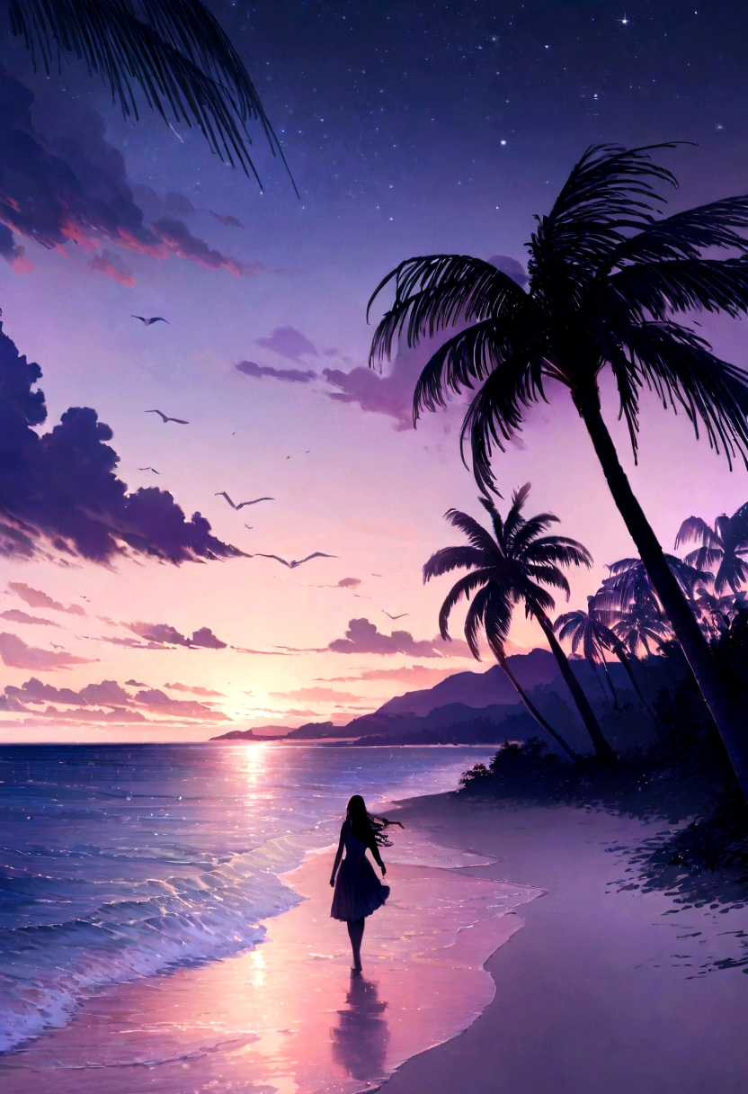 (Highest quality,High resolution),(Realistic:1.37),(landscape:1.2),夜の静かなビーチのlandscape,Gentle waves crash on the shore,The soft moonlight illuminates the scene.,Sand shining in the moonlight,A gentle breeze rustling the palm trees,Silhouette of a single palm tree in the foreground,Starry sky with a few scattered clouds,A calm atmosphere with a sense of solitude,Distant cries of seagulls echo in the background.,The subtle sounds of the waves create a soothing rhythm,Deep blue and purple hues dominate the color palette.