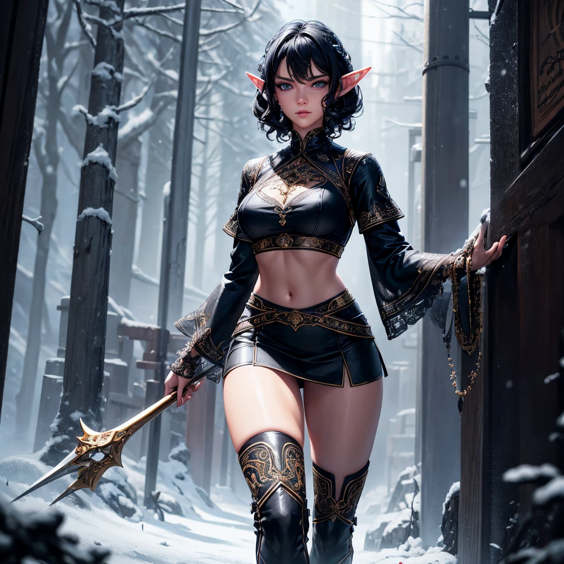 a woman, 1girl, elf, black retro curl cut hair, breasts, long pointed ears, magical blue eyes!!!, serious face, sexy black crop top, deep neckline, sexy black little skirt, frost magic, full body, full body, walking, snow, very sexy body, detailed face, beautiful detailed eyes, beautiful detailed lips, extremely detailed eyes and face, long eyelashes, detailed clothing, intricate details, highly detailed, photo realistic, 8k, best quality, masterpiece, cinematic lighting, dramatic lighting, vibrant colors, fantasy, digital art, concept art