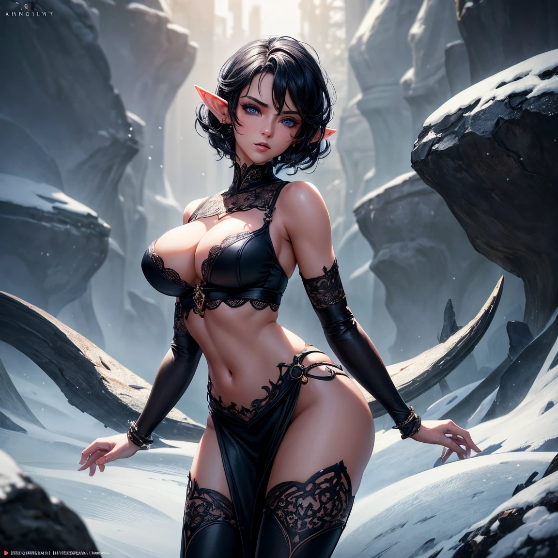 a woman, 1girl, elf, black retro curl cut hair, breasts, long pointed ears, magical blue eyes!!!, serious face, sexy black crop top, deep neckline, sexy black little skirt, frost magic, full body, full body,  walking, snow, very sexy body, detailed face, beautiful detailed eyes, beautiful detailed lips, extremely detailed eyes and face, long eyelashes, detailed clothing, intricate details, highly detailed, photo realistic, 8k, best quality, masterpiece, cinematic lighting, dramatic lighting, vibrant colors, fantasy, digital art, concept art