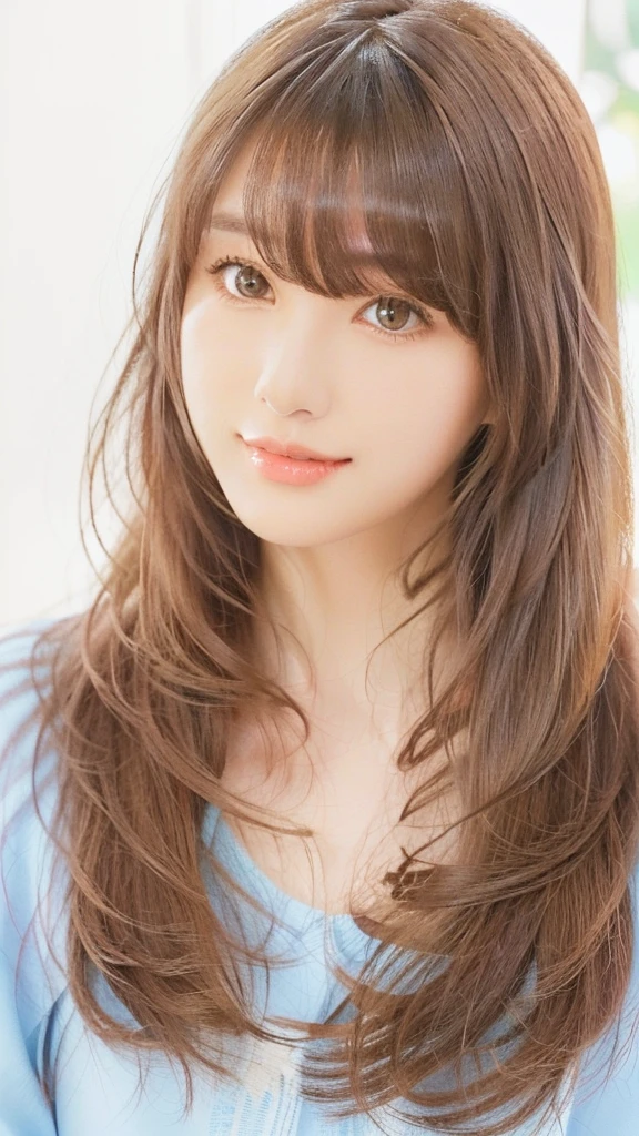 a close up of a woman with long hair and a blue shirt, beautiful japanese girls face, neat hair with bangs, brown long hair with bangs, long hair with bangs, brown hair and bangs, brown hair with bangs, white hime cut hairstyle, the hime cut, brown bangs, long hair with full bangs, japanese facial features, side fringe haircut