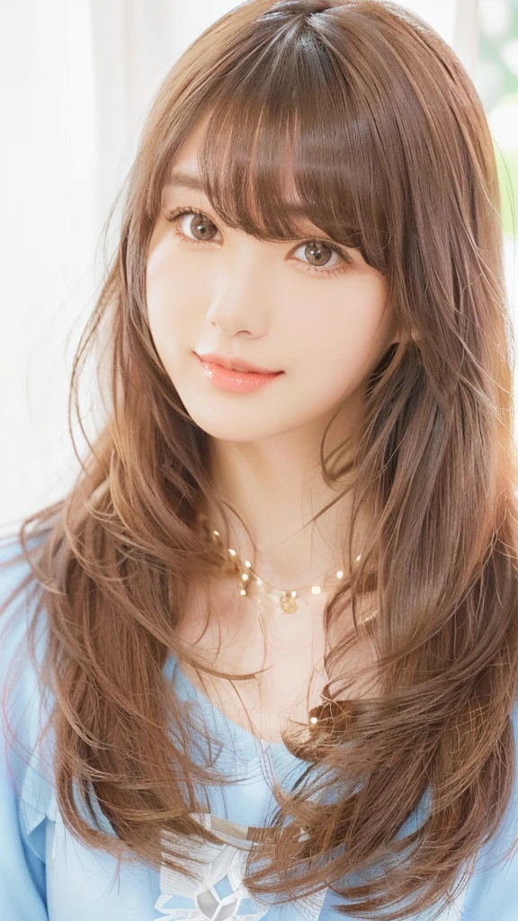 a close up of a woman with long hair and a blue shirt, beautiful japanese girls face, neat hair with bangs, brown long hair with bangs, long hair with bangs, brown hair and bangs, brown hair with bangs, white hime cut hairstyle, the hime cut, brown bangs, long hair with full bangs, japanese facial features, side fringe haircut