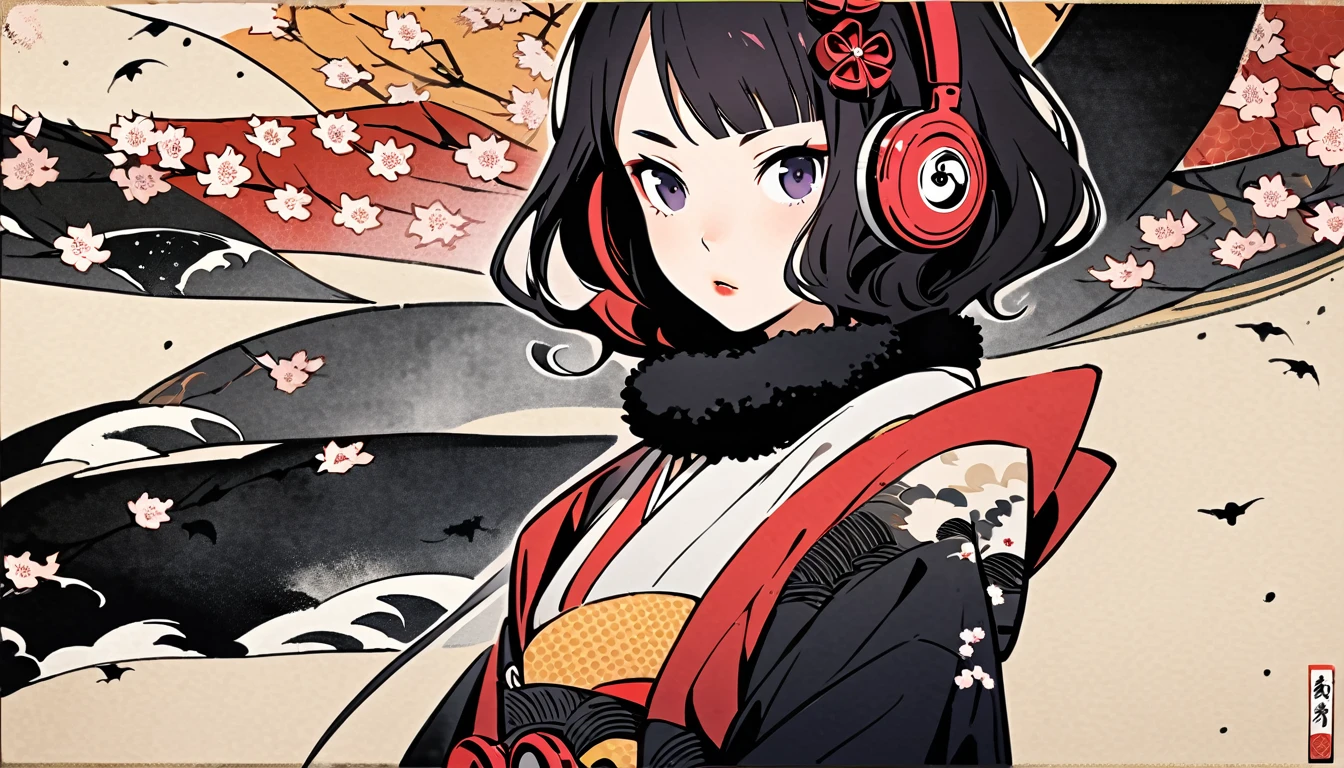 (((Highest quality))), (((Katsushika Hokusai))), (((Ink Painting))), ((very straight longhair)), ((1 girl)), ((cherry blossoms)), ((beautiful girl)), Japanese style headphones, Black Hair, Delicate and precise, Modern ukiyo-e style, Inugami