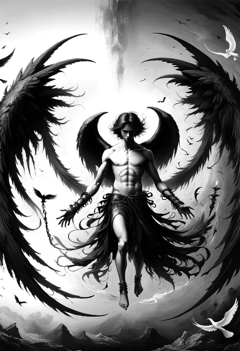 A painting of dark fallen angel Lucifer surrounded by dark wings, black and white Möbius strip, spinning and tumbling white wings and dark angels, deathcore style, layered image with subtle irony, Himalayan art