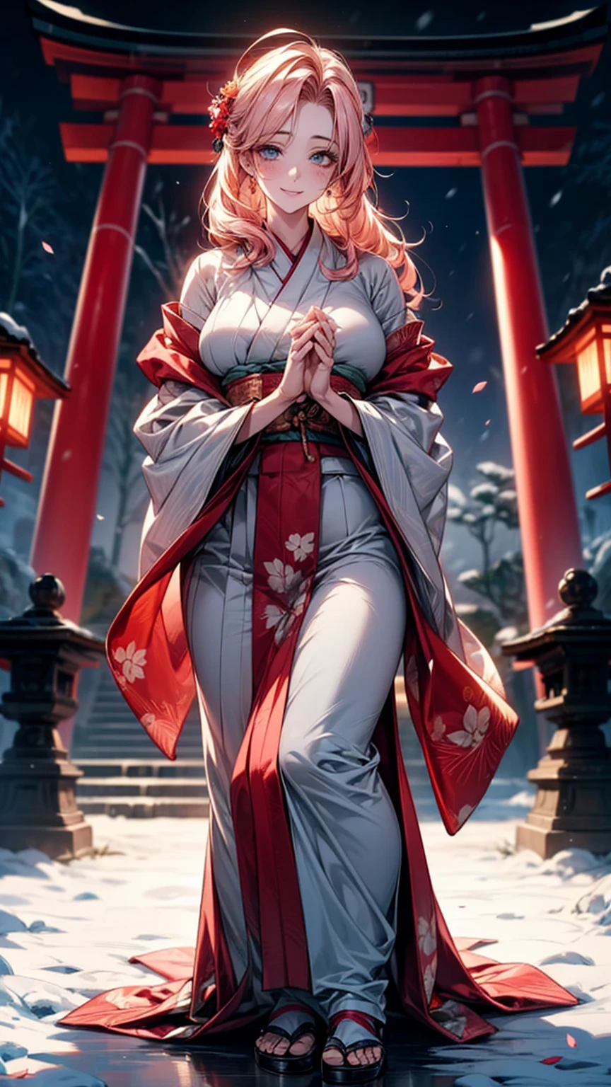 (masterpiece, best quality: 1.2), (high resolution, 8K RAW photo, realistic photo, clear focus), (natural lighting, textile shading), pov, solo, facial focus, 1 mature woman, 28 years old, (milf: 1.5), sexy pose, New Year's visit, clasped hands, praying for happiness, open eyes, smile, pink hair, long hair with curled ends, asymmetrical hair, loose hair, wavy hair, amethyst eyes, Japanese clothes, kimono, in the ZEN Garden of the Japanese temple, in front of the torii gate, in winter, snowy ground with fallen snow, cherry blossoms, upper body, dynamic angle, (correct anatomy, ideal body proportions), setting sun in the background, under a sea of ​​cherry leaves