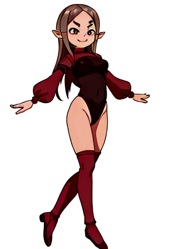1masterpiece, perfectly detailed, 8k quality, ((full body)), standing, legs apart, anime style. 1girl, solo, elf girl, mature woman, only elf ears, warrior, only armored leotard, pelvic curtain leotard, exagerated hips bones, ((partially visible vulva)), pull leotard. Long brown hair, hime cut, golden eyes, mischievous smile, fangs, sharp teeth, mischievous look. White background.