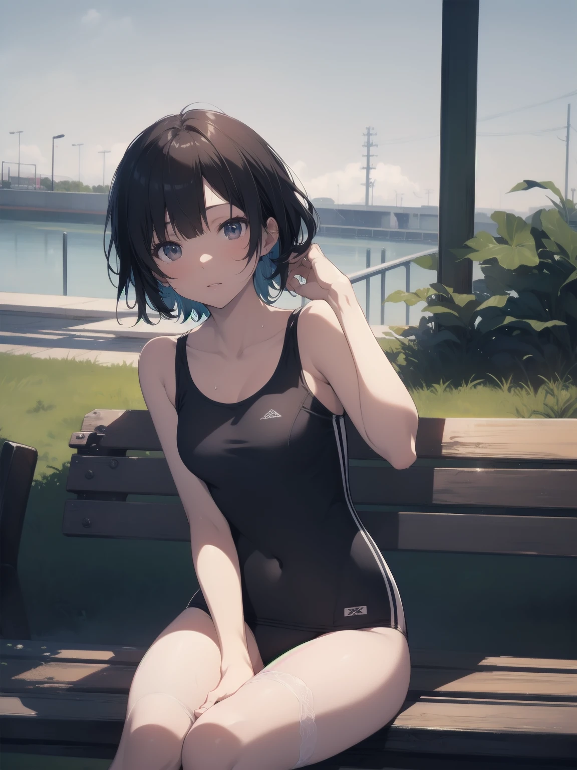 ultra-Top-quality by art God, ultra-detailed, high resolution, shinkai makoto style, anime moe artstyle, best anime 8k konachan wallpaper, pixiv contest winner, perfect ???????, break,(Please draw a picture of a girl in a swimsuit sitting ???????????? on a bench by the poolside alone.),break, a hyperrealistic school girl, parted lips, (Solo,lolita, ???, 13-year-old:1.3),Full limbs, complete fingers, androgynous charm, (very short hair), wet hair, small breasts,slender body, Small butt, groin, Small black eyes,hanme,beautiful detailed eyes, well-proportioned iris and pupils, sleepy eyes, highres detailed hair, swimsuit, wet swimsuit, bare shoulders, thighs, pussy juice, ????????????, in the school pool. break,super detailed skin, shiny skin, Best lighting powered by famous artist, 8k, illustration,UHD, textured skin,break,((artist:toosaka_asagi )), artist:clamp ,artist:carnelian ,artist:kantoku ,