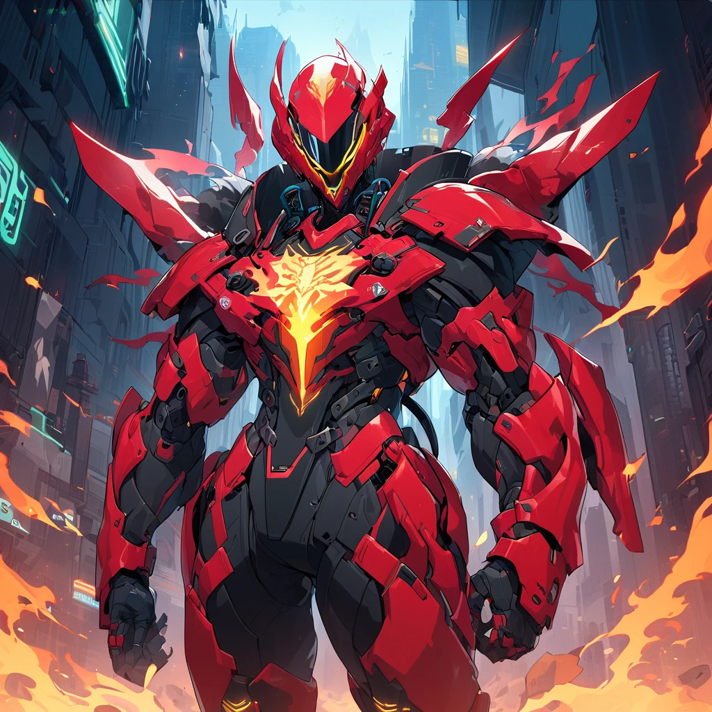 A captivating illustration of Silco, the arcane champion, standing tall in his stunning neon red and black cyber armor. The armor's "DIF" design on the helmet, predominantly black with striking red accents, shows his affiliation. On the chest he sports the "WildFire" emblem in fire red and flame yellow, adding a touch of intense energy to his ensemble. Equipped with a sleek one-handed assault rifle, Silco exudes unwavering confidence and determination. The image encapsulates the perfect blend of futuristic technology, cyberpunk aesthetics and a sense of imminent danger. hd, 4k,