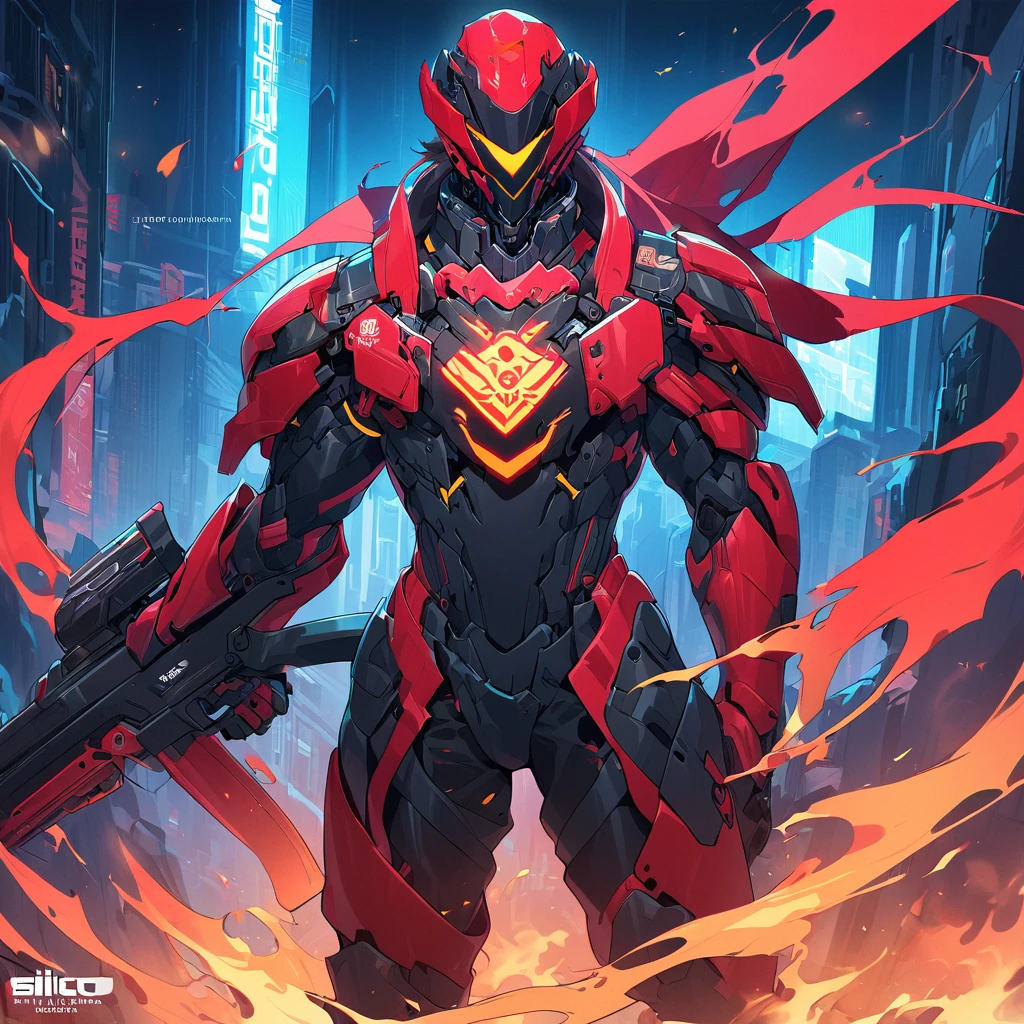 A captivating illustration of Silco, the arcane champion, standing tall in his stunning neon red and black cyber armor. The armor's "DIF" design on the helmet, predominantly black with striking red accents, shows his affiliation. On the chest he sports the "WildFire" emblem in fire red and flame yellow, adding a touch of intense energy to his ensemble. Equipped with a sleek one-handed assault rifle, Silco exudes unwavering confidence and determination. The image encapsulates the perfect blend of futuristic technology, cyberpunk aesthetics and a sense of imminent danger. hd, 4k,