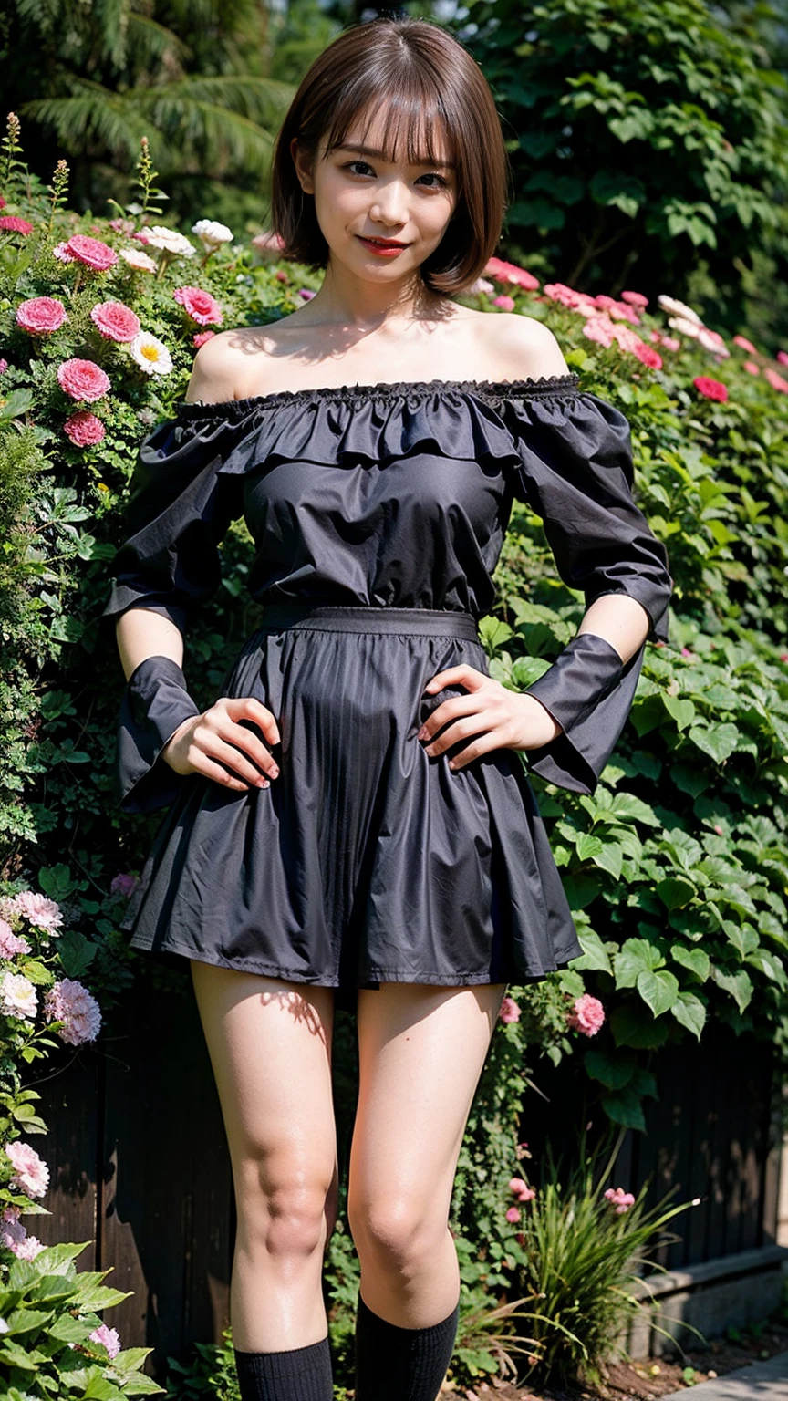 (8K、RAW Photos、Highest quality、masterpiece:1.2)、(Realistic、Realistic)、1 Girl、((black and white check mini skirt、smile、short hair、Frills、Off the shoulder、Black dress、whole body、See-through、boots、chest emphasis、whole body、garden、View from the front、Looking into the camera、Stand with hands on hips))、