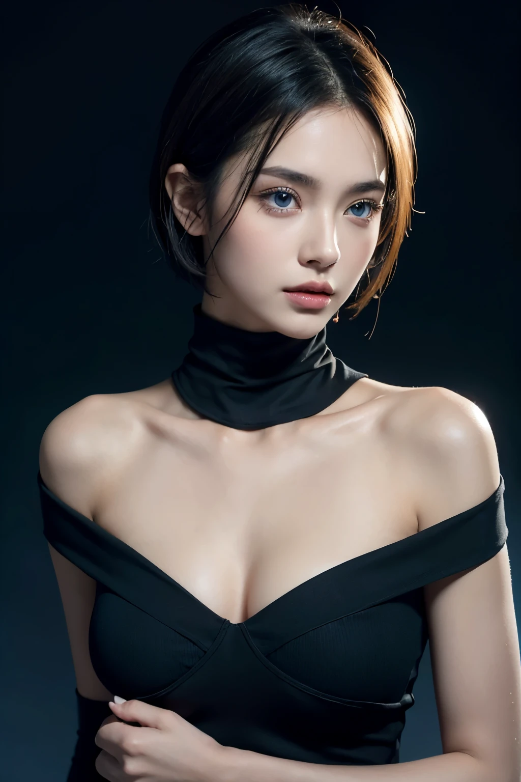 Skintight Black Top:1.5, View your viewers, Cinema Lighting, perfection, Soft Light, High Resolution Skins:1.2, Realistic skin texture, Realistic Face, (double eyelid),(Very cute face),Off the shoulder,(Beautiful Skin) ,Exposed , blue eyes, short hair,