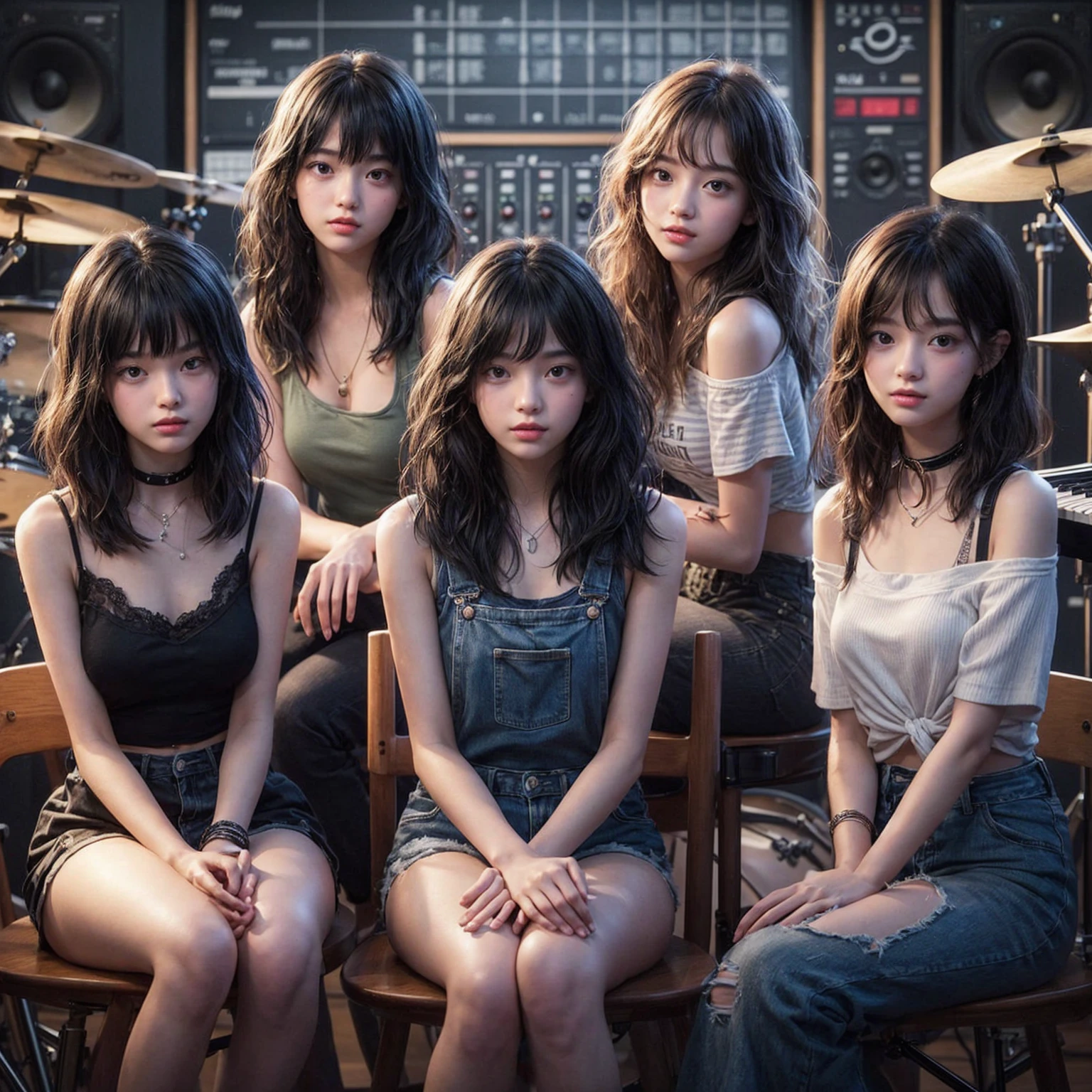 **Photo of 5 beautiful girls, aged 18 to 20, sitting:**
- **3 girls with messy black hair**
- **1 girl with wavy bob black hair**
- **1 girl with a black ponytail**
One girl is playing the drums, one girl is playing the piano, one girl is playing the bass guitar, one girl is playing the guitar, and one girl is singing. They are sitting behind a board with the word "ECHO" written on it. The background is a music studio, complete with drums, guitars, bass guitar, and piano. The image is ultra HD, 4k, photorealistic, raw, and a masterpiece.