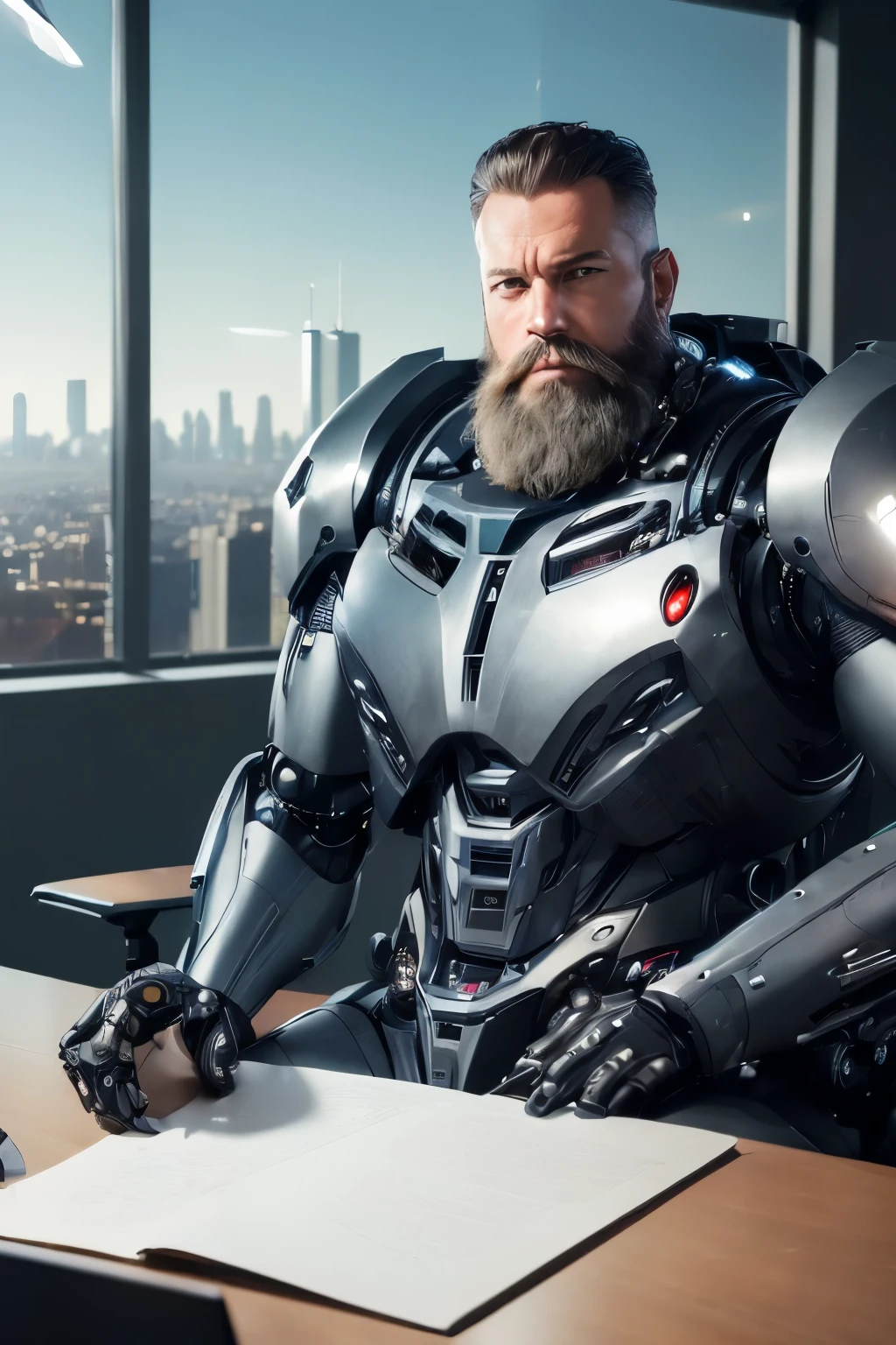 (reelmech: 1.5), CEO portrait photo of a 45 year old man with a big beard, in a luxurious office, Cyborg body, sitting at a desk overlooking the city (Artwork: 1.2) (photorealistic: 1.2) (bokeh) (best quality) (detailed skin) (complex) (8K) (hdr) (cinematic lighting) (sharp focus) (clutter: 1.2)