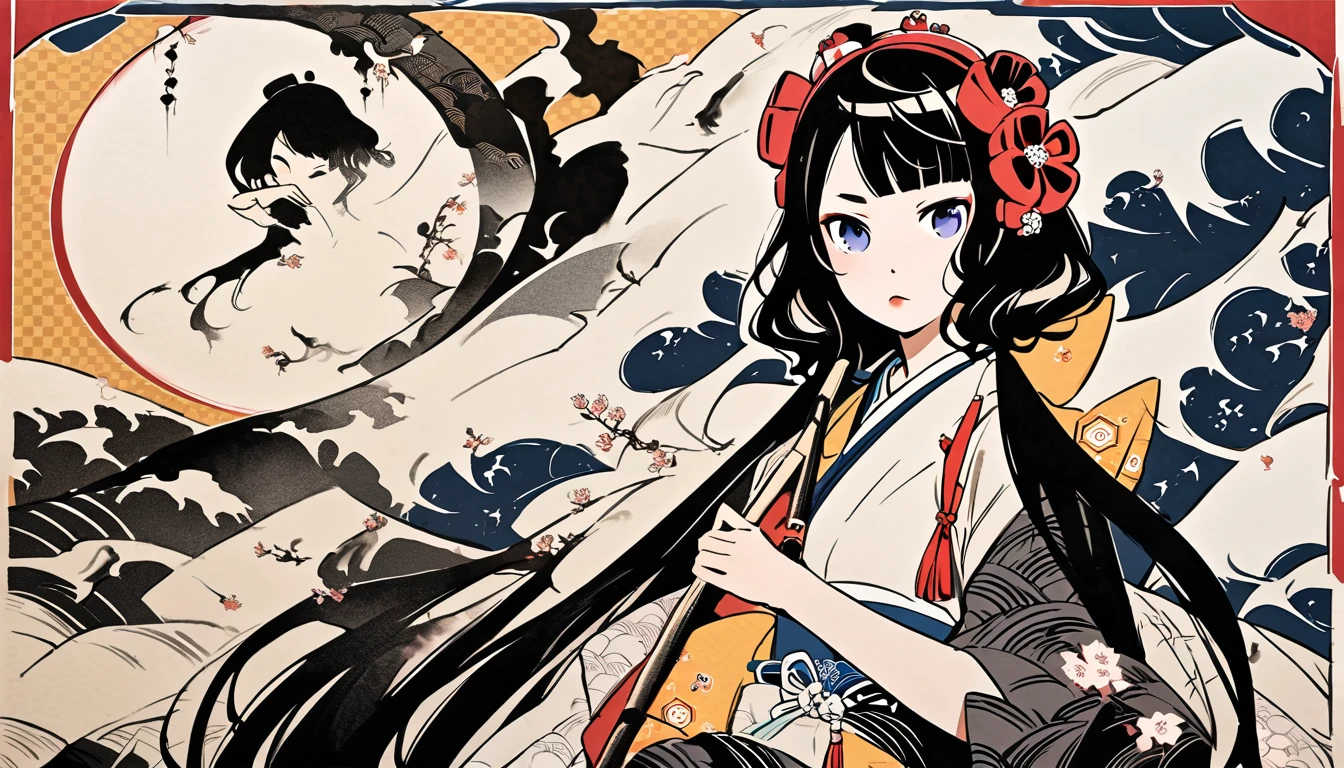 (((Highest quality))), (((Katsushika Hokusai))), (((Ink Painting))), ((very straight longhair)), ((1 girl)), ((cherry blossoms)), ((beautiful girl)), Japanese style headphones, Black Hair, Delicate and precise, Modern ukiyo-e style, nine tailed fox