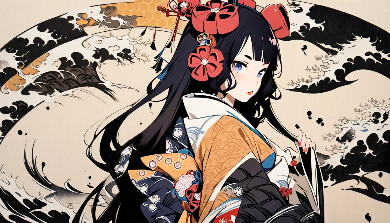 (((Highest quality))), (((Katsushika Hokusai))), (((Ink Painting))), ((very straight longhair)), ((1 girl)), ((cherry blossoms)), ((beautiful girl)), Japanese style headphones, Black Hair, Delicate and precise, Modern ukiyo-e style, nine tailed fox