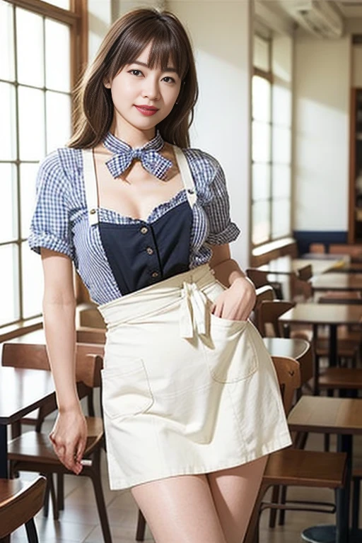 ooki masterpiece、Highest quality、Ultra-high resolution、(Photorealistic:1.6)、1 girl、(Long Hair:1.5)、(round face:1.3)、(Gingham check suspender apron:1.3)、(Plain blue high waist skirt:1.3)、(Apron skirt:1.2)、(White blouse:1.3)、(Double-breasted、Underbust:1.2)、Short sleeve、Button Gap、(Plain blue bow tie:1.2)、(Plump body:1.2)、(Smooth Skin:1.1)、Dynamic pose、(chest:1.2)、Cafe、restaurant、Red lipstick、Disheveled Hair、Spreading her legs、((Thighs))、