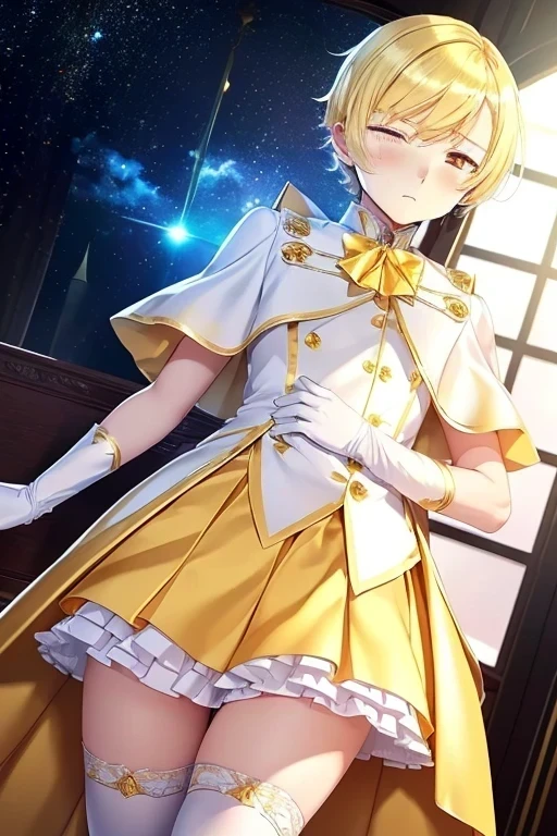 (((ultra detail game CG))), (((ultra detail background))), (((ultra detail boy))), (((ultra detail clothes))), (((best quality))), (((masterpiece))), (((beautiful satin clothes shading))), ((14 years old)), (((yellow magical boy))), (((yellow satin dress))), (((yellow satin pleated skirt))), ((yellow short hair)), ((yellow eyes)), (((white satin long gloves))), ((white satin knee socks)), ((white satin cloak)), ((night galaxy)), ((((blushed)))), ((ashamed)), ((ecstasy)), ((tired)), otokonoko, ((hypnosis)), close eyes, sleeping