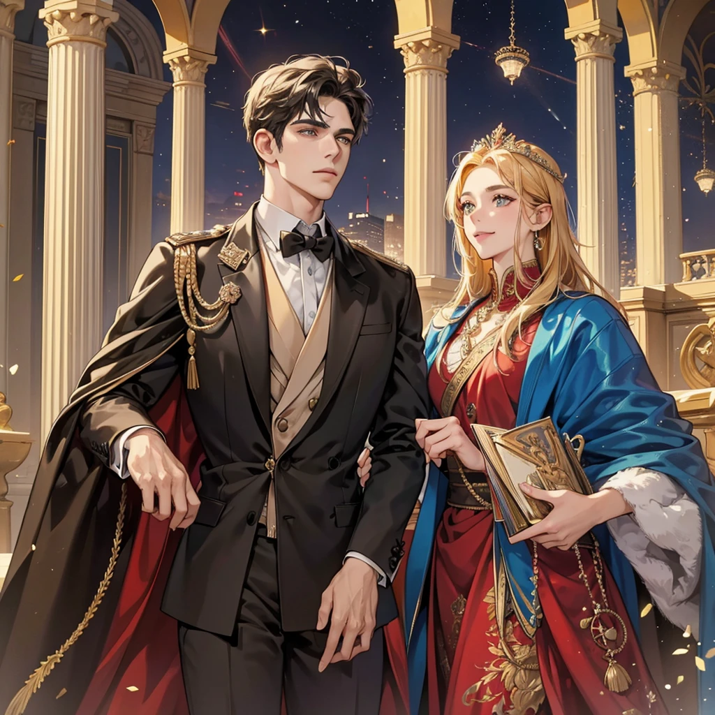 masterpiece, extremely detailed, 8k, photo-realistic, portrait of a 34 year old Constantine the Great, kind smile, lion-like eyes, powerful aura of a ruler, sharp and bright eyes, successful businessman in a luxury suit, grand hall, glittering jewels of Istanbul, fantastical and urban night scenery, hyper-detailed, hyper-realistic, hyper-vivid, cinematic lighting