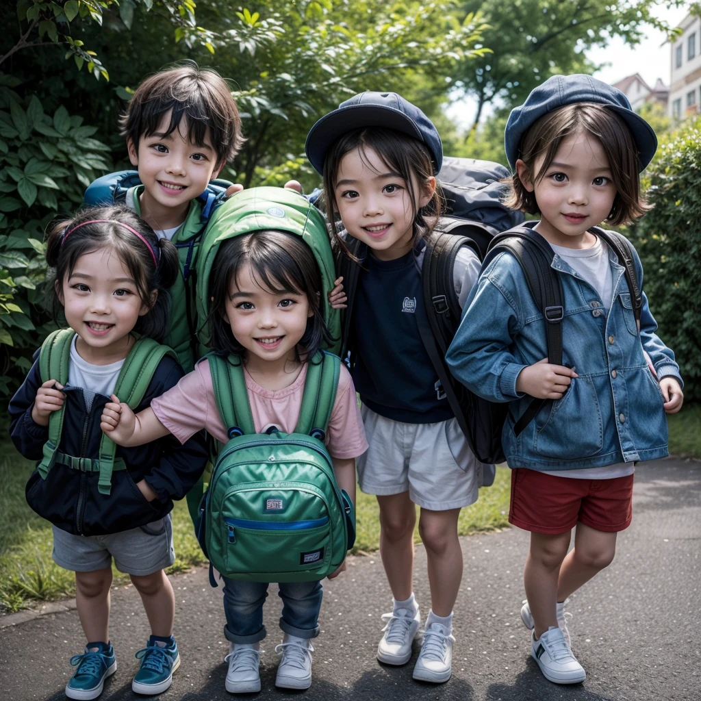 group of children with backpacks on their backs/ happy children/ blue and green backpacks