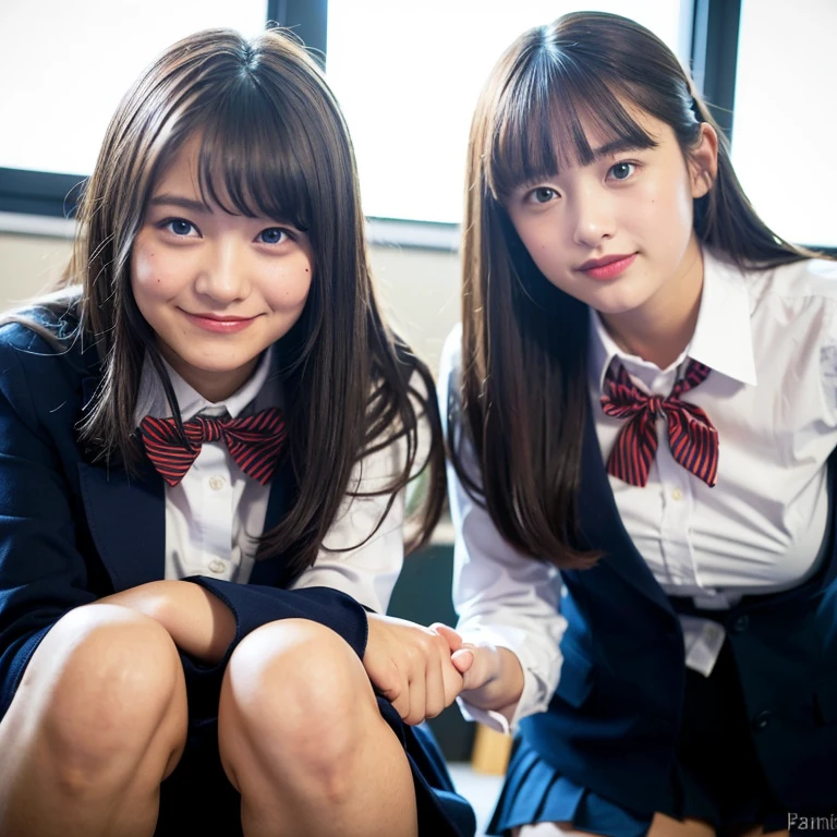 2 girls in classroom near window,navy blue blazer,white shirt with red bow tie,navy blue pleated skirt,navy blue knee-high socks,18-year-old,bangs,a little smile,thighs,knees,straight hair with barrette,from below,front-light