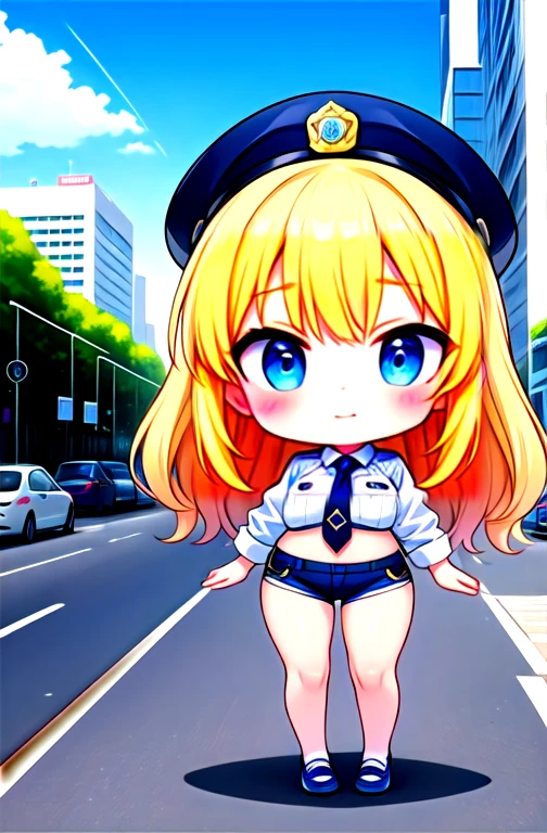 Kelly, hair blonde, blue colored eyes, wart under the mouth,
make up, lips, curly hair, eyelash,
standing alone, trunk, standing, ssmile,
natta, streets, city scape, carriages,
uniforme policial, police hat, tummy, black short shorts, blue shoes, blue necktie,
(incredibily detailed, beautifull detailed face, work of art, beautiful detailed eyes, best qualityer)