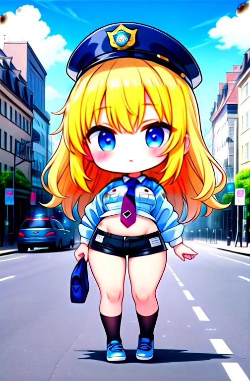 Kelly, hair blonde, blue colored eyes, wart under the mouth,  
make up, lips, curly hair, eyelash, 
standing alone, trunk, standing,  ssmile, 
natta, streets, city scape, carriages,  
uniforme policial, police hat, tummy,  black short shorts, blue shoes,  blue necktie, 
 (incredibily detailed, beautifull detailed face, work of art, beautiful detailed eyes, best qualityer) 
 