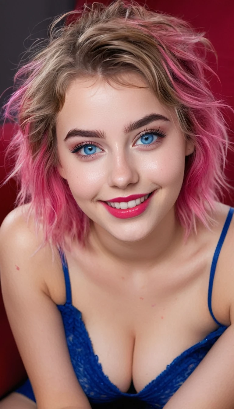ultrarealistic high quality full body photo of a beautiful super busty slim european 18-year-old woman with cute hyperdetailed shy face and dyed pink shoulder length messy hair and shy smile, realistic round blue eyes, red lips, dark eye makeup with eyeliner, fully nude, hairy, cleavage, hourglass body, soaky wet tanned skin, relaxing on a latex couch, nsfw