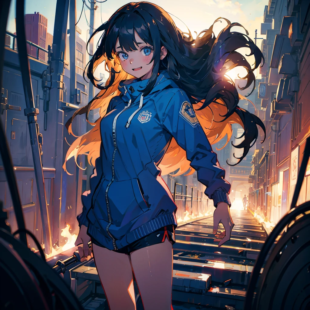 (masterpiece), (high resolution 8K), professional illustration, 1 girl, late teenage, standing, long shot, dutch angle, , blazer, hoody, shorts, medium hair, happy laughing, looking away, cityscape in Tokyo, morning, natural lighting, high contrast, stunning face, symmetrical clear eyes, detailed eyes and face
