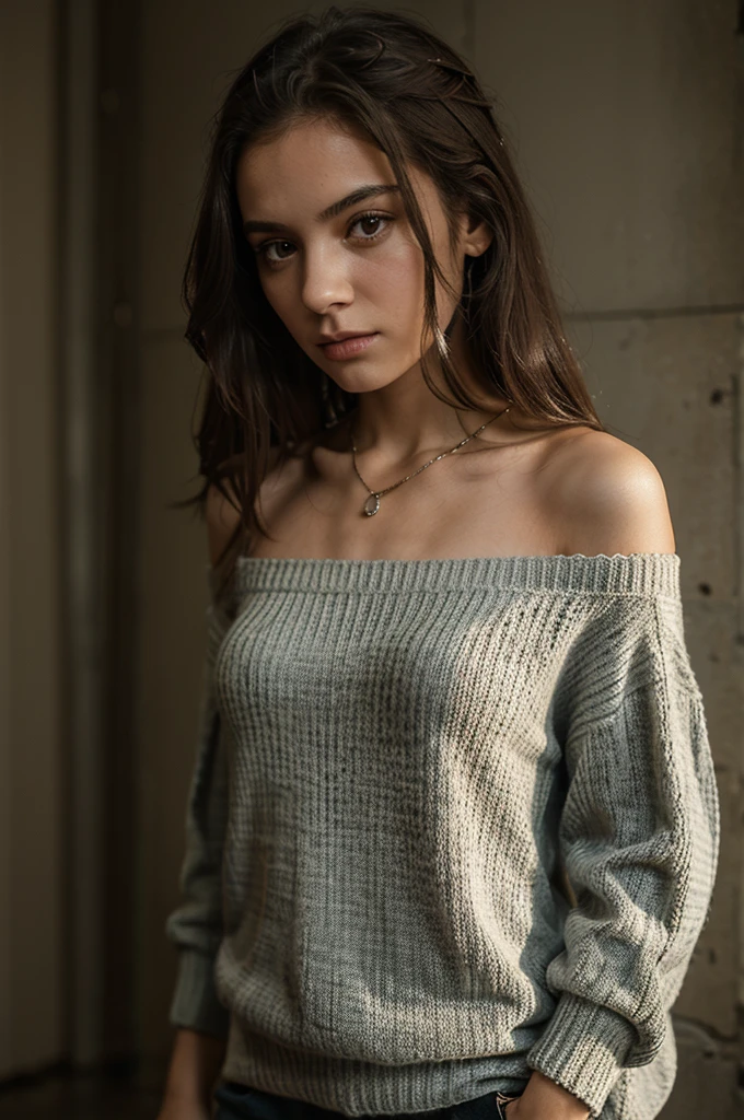 a girl who was bound by chains and had a straight face and she was wearing a sweater with sleeves up to her shoulders in her clothes