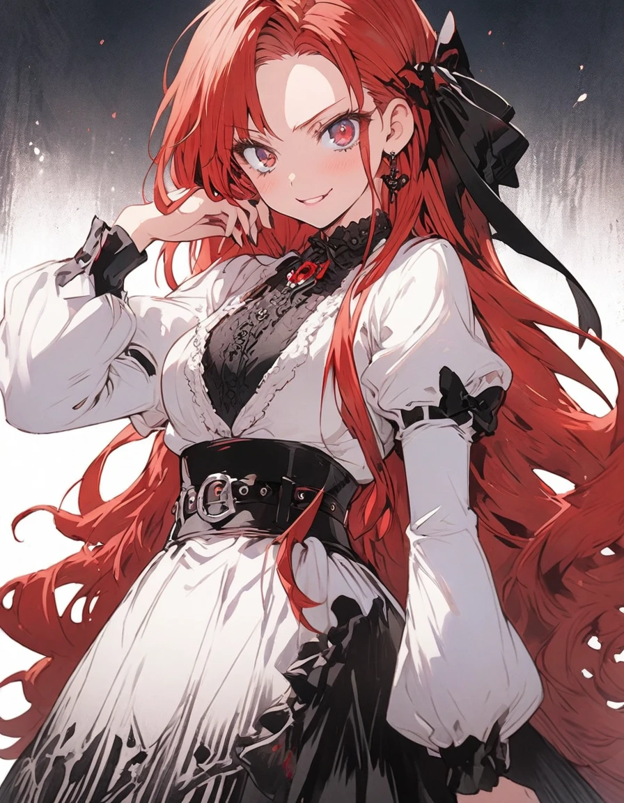Hidden Contempt　Elegant appearance　washboard　Red hair middle　confidence　excellent　Girl　Belt on torso　Japanese anime hand drawn illustration　Gothic