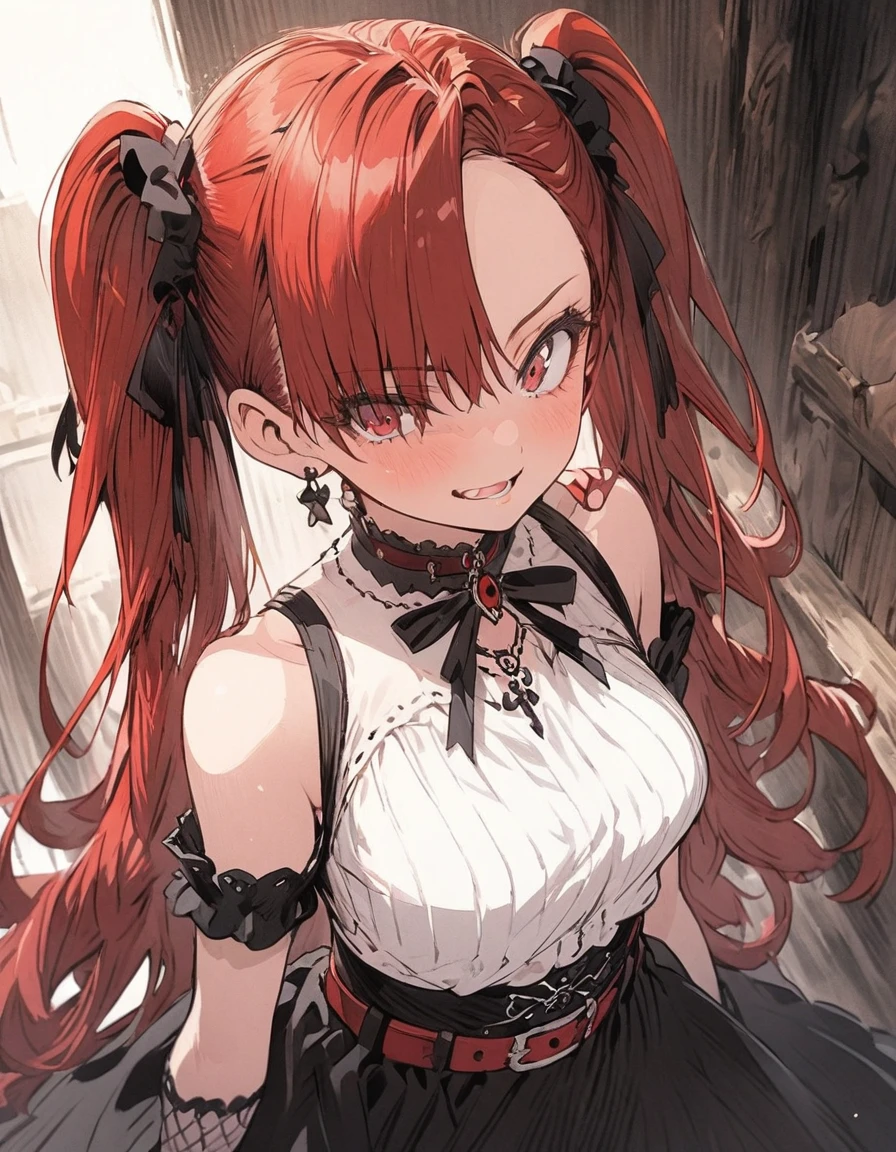 Hidden Contempt Elegant appearance washboard Red hair middle confidence excellent Girl Belt on torso Japanese anime hand drawn illustration Gothic