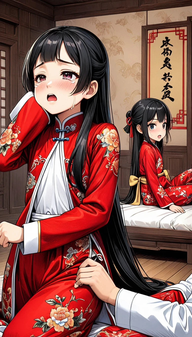 A tragic historical drama in 8k live-action style: Beautiful palace secrets　Beautiful 10 year old Chinese Kung Fu Princess with long black hair has her nipples examined by a doctor and vigorously played with　Gorgeous embroidery, Ultra glossy, She is wearing a shiny red top and bottom long sleeve floral pajama kung fu suit....　　She resists violently and cries.　She is breathing hard