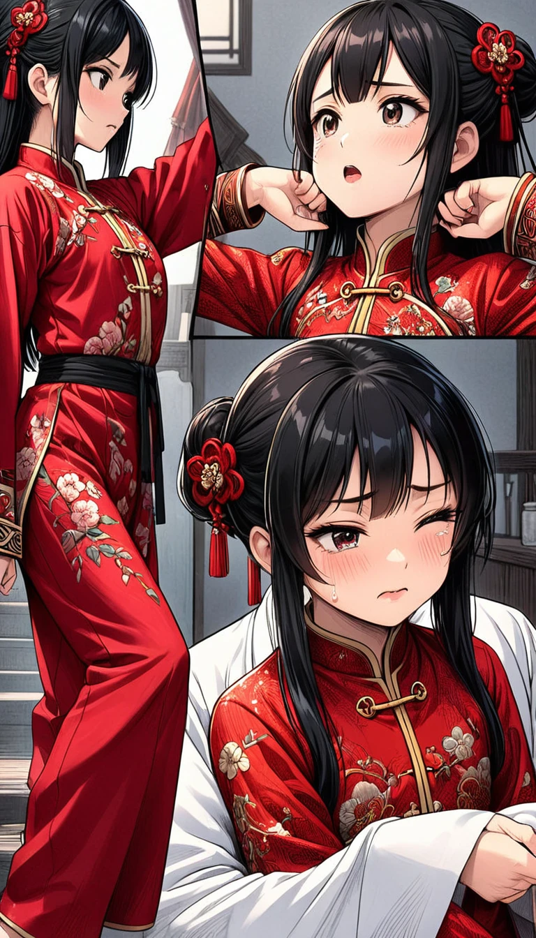 A tragic historical drama in 8k live-action style: Beautiful palace secrets　Beautiful 10 year old Chinese Kung Fu Princess with long black hair has her nipples examined by a doctor and vigorously played with　Gorgeous embroidery, Ultra glossy, She is wearing a shiny red top and bottom long sleeve floral pajama kung fu suit....　　She resists violently and cries.　She is breathing hard