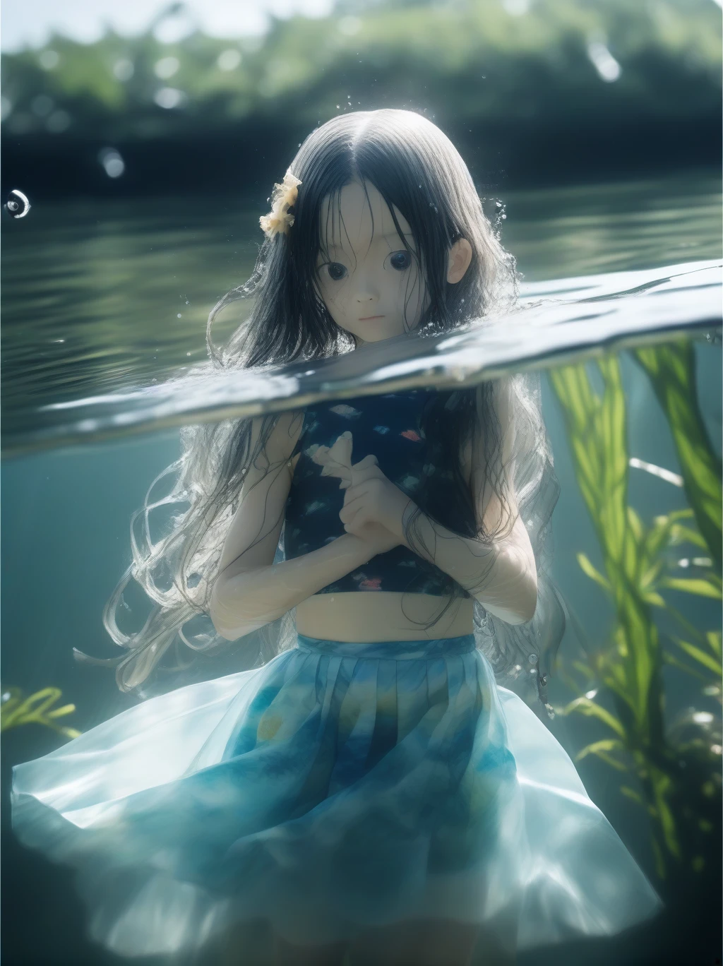  partially underwater, lakeの女神, Long Hair, Wet Hair,
lake,Dark Background, Blurred Edges,8--old、t Chest、skirt、Above the neck above the water、Body in water, Underwater Photography、浮力でskirtがめくれる