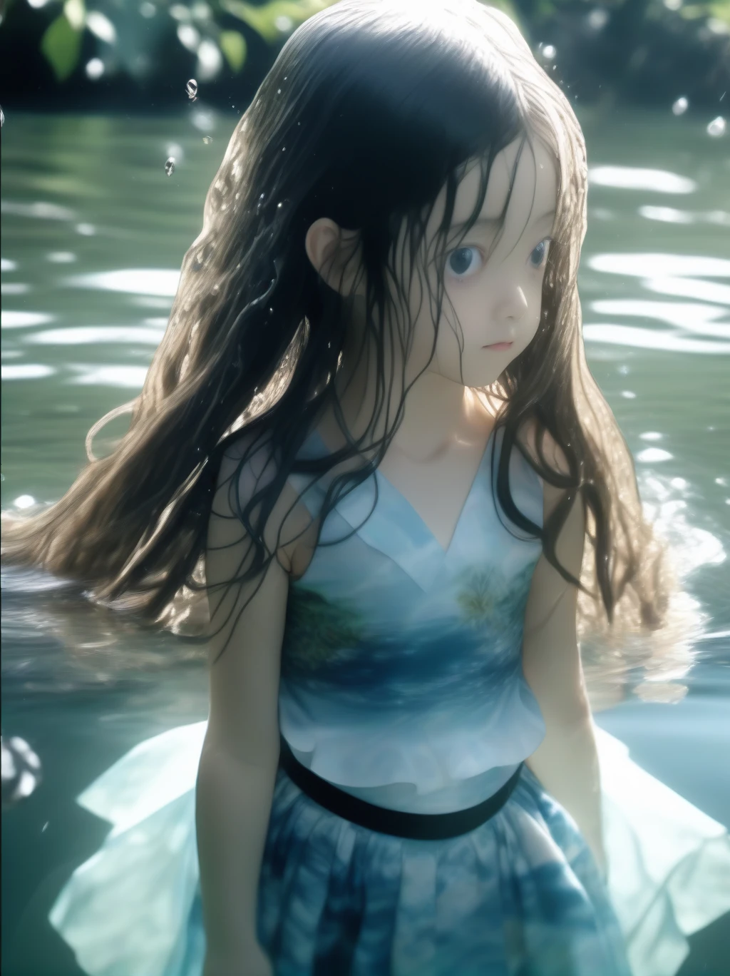 partially underwater, lakeの女神, Long Hair, Wet Hair,
lake,Dark Background, Blurred Edges,8-year-old、Flat Chest、skirt、Above the neck above the water、Body in water, Underwater Photography、浮力でskirtがめくれる