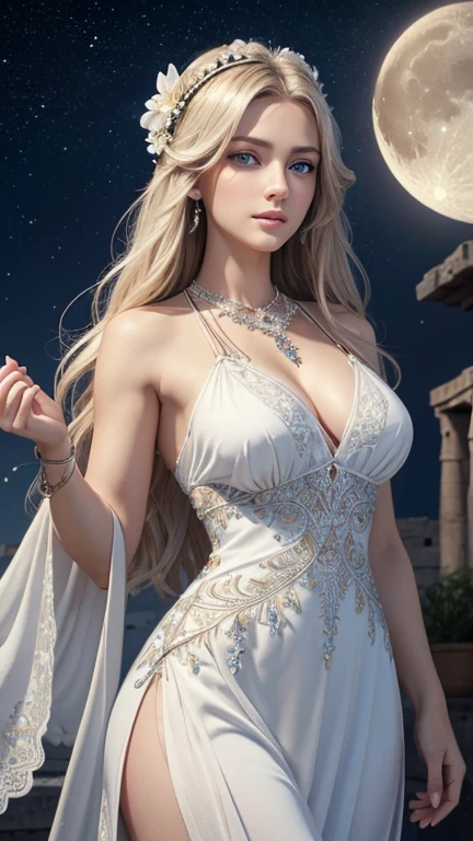 (masterpiece,Highest quality,High resolution,Super detailed,8K),woman,alone,,Official artwork,Greek Goddess,,whole body,Facing forward,Ample breasts,Beautiful valley,Silver blonde hair,,Medium Long、Hair is bunched back,(Beautiful Face,Beautiful Eyes,Blue Eyes,Beautiful nose,Beautiful lips),A look of kindness and compassion,Slender beauty,Looking at this,flower,bird,moon,jewelry,necklace,,White Dress,Sleeveless,Holding,Ancient images,Detailed configuration,background,,(Fractal Art:1.2),Detailed CG,