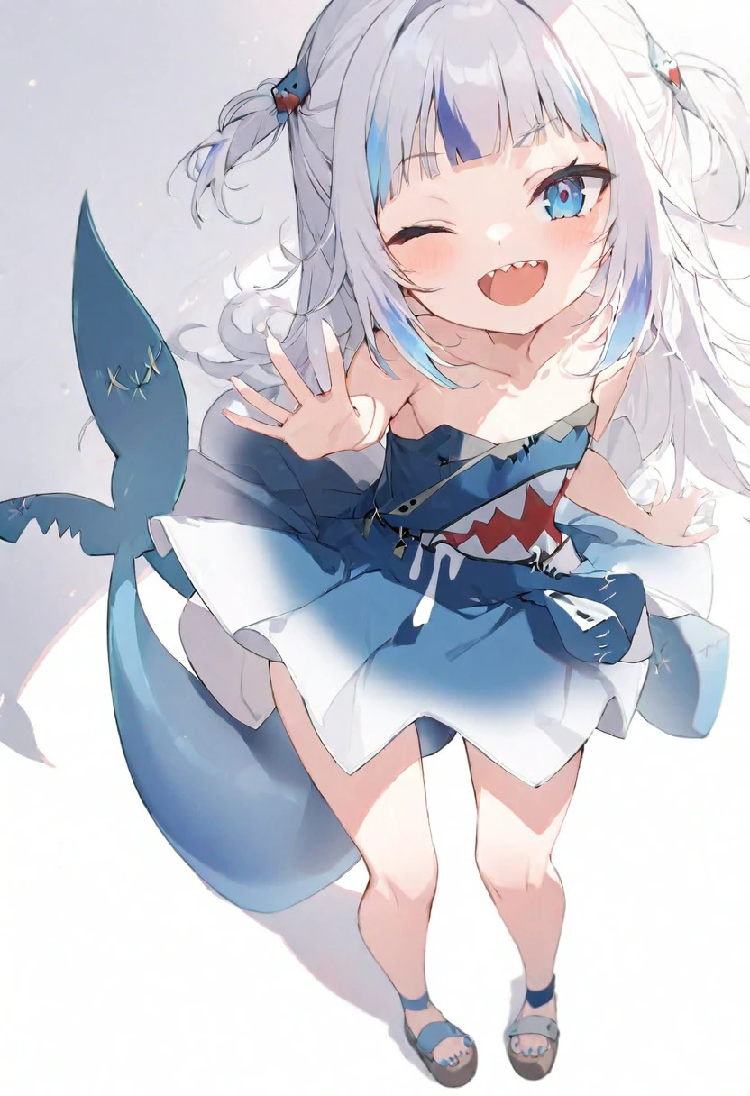 (muste piece), (best quality), very detailed eyes, expressive eyes, perfect face, very detailed face, highly detailed face, beautiful girl, 8K, beautiful girl, white background, delicate and beautiful face and eyes, dark intense shadow, 
1 girl, vtuber style, cool girl, hololive, gawr gura, shark tail, see-through:evening dress, small chest, cropped shoulders, clavicle, one eye close winking, smile, (full body), standing,