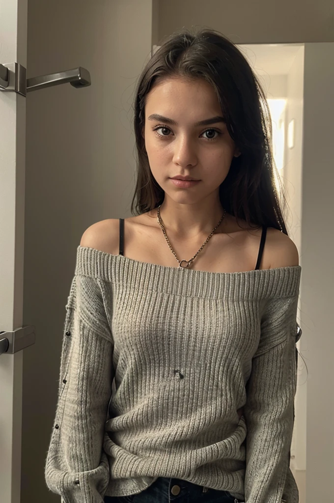 a girl who was bound by chains and had a straight face and she was wearing a sweater with sleeves up to her shoulders in her clothes