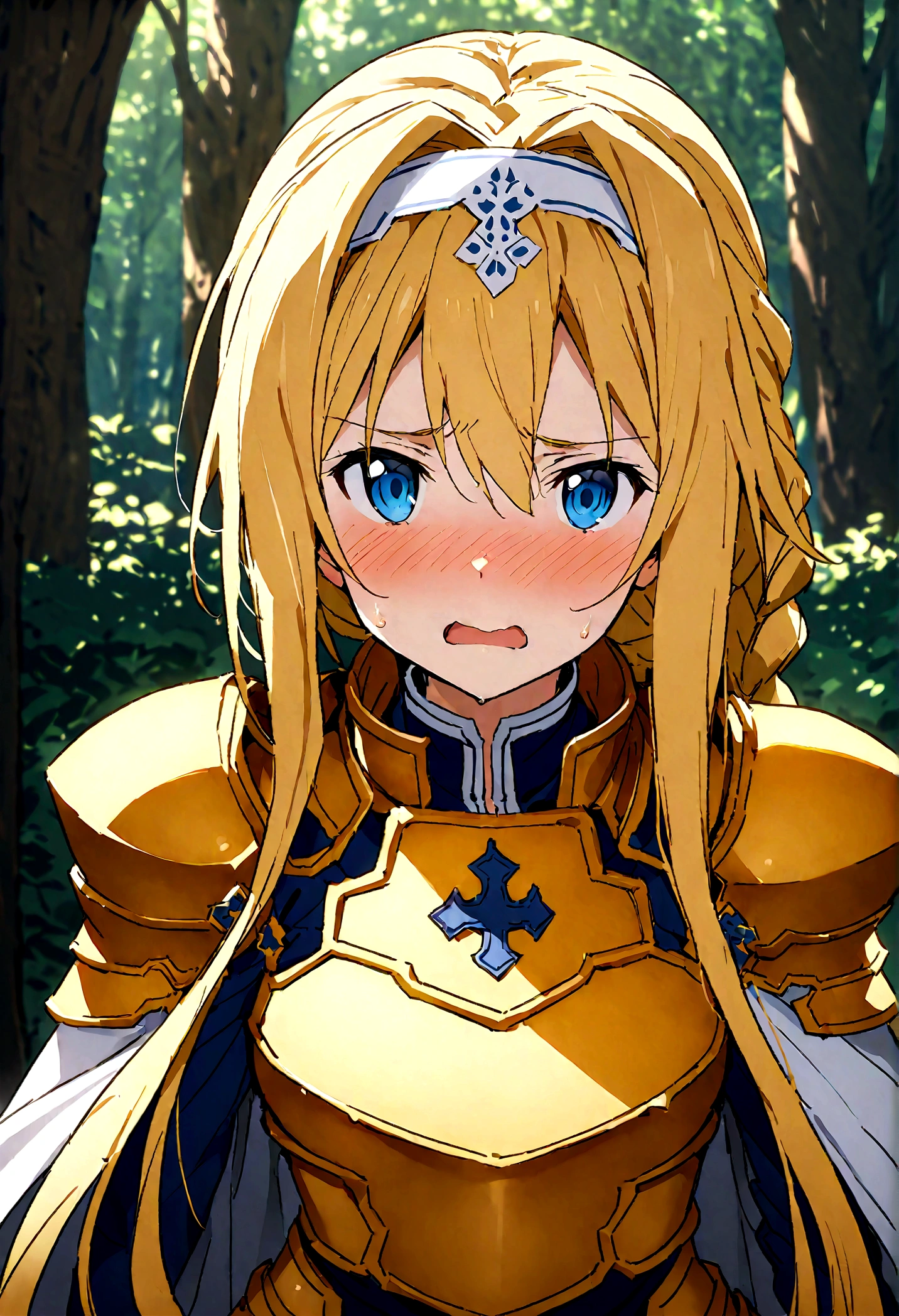 NSFW,masterpiece,Highest quality,High resolution,Super detailed,(Sword Art Online\), Alice Zuberg、bangs、blue eyes、Blonde Hair、Hair between the eyes、Very long hair、Braid、hair band、白いhair band,dress、Cape、armor、青いdress、Shoulder rest、Gauntlet、Scapula、breastplate、armor付きdress、Fold、青いCape、knight、金のarmor,Body Armor,Embarrassed,sexual excitement,Estrus,blush,in the forest