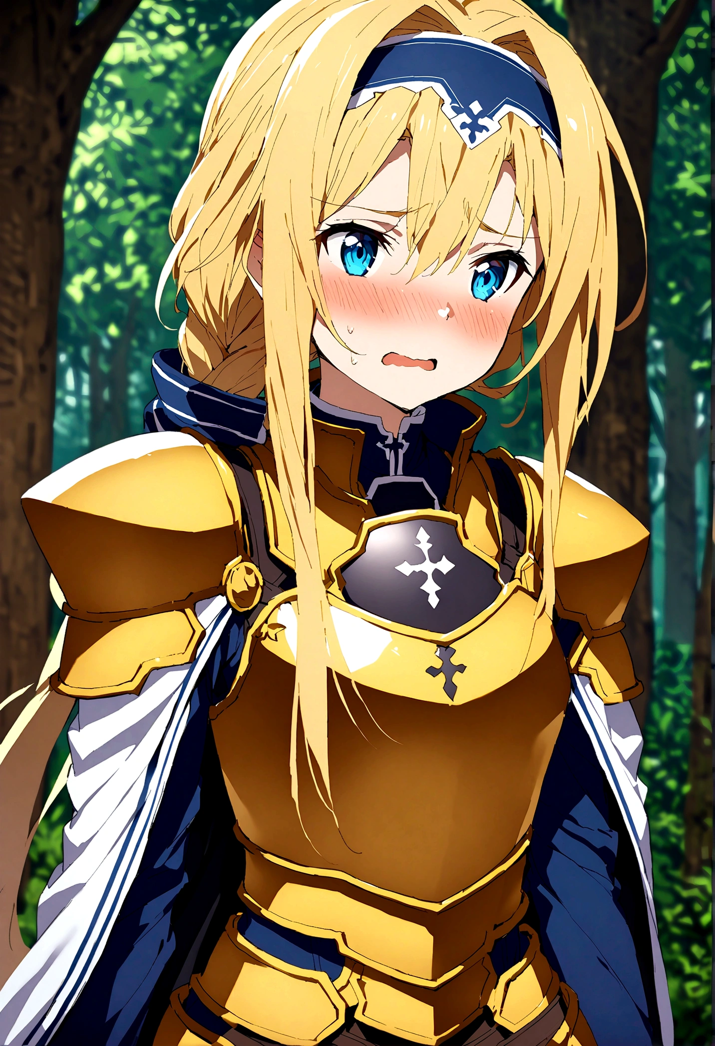 NSFW,masterpiece,Highest quality,High resolution,Super detailed,(Sword Art Online\), Alice Zuberg、bangs、blue eyes、Blonde Hair、Hair between the eyes、Very long hair、Braid、hair band、白いhair band,dress、Cape、armor、青いdress、Shoulder rest、Gauntlet、Scapula、breastplate、armor付きdress、Fold、青いCape、knight、金のarmor,Body Armor,Embarrassed,sexual excitement,Estrus,blush,in the forest