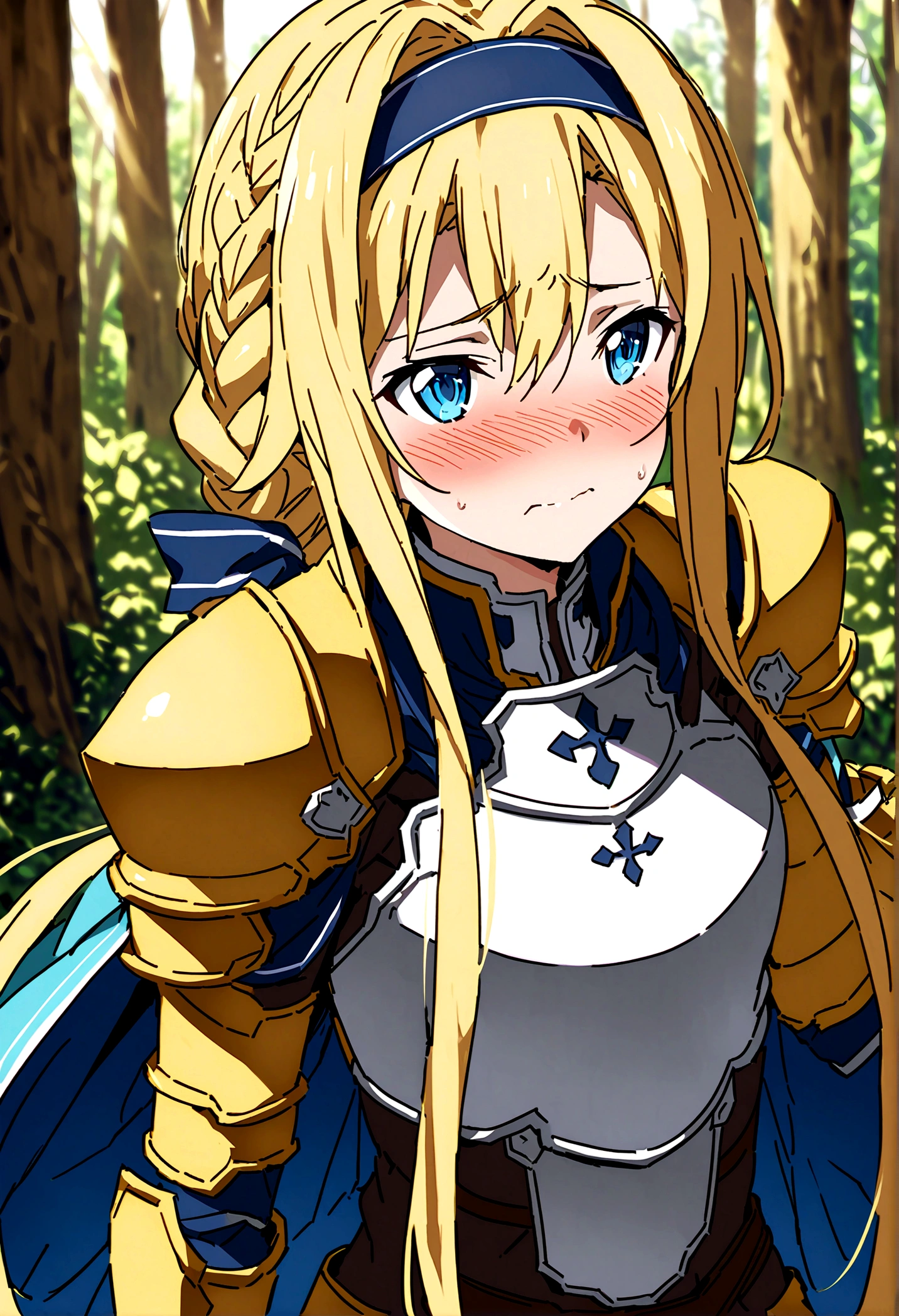 NSFW,masterpiece,Highest quality,High resolution,Super detailed,(Sword Art Online\), Alice Zuberg、bangs、blue eyes、Blonde Hair、Hair between the eyes、Very long hair、Braid、hair band、白いhair band,dress、Cape、armor、青いdress、Shoulder rest、Gauntlet、Scapula、breastplate、armor付きdress、Fold、青いCape、knight、金のarmor,Body Armor,Embarrassed,sexual excitement,Estrus,blush,in the forest