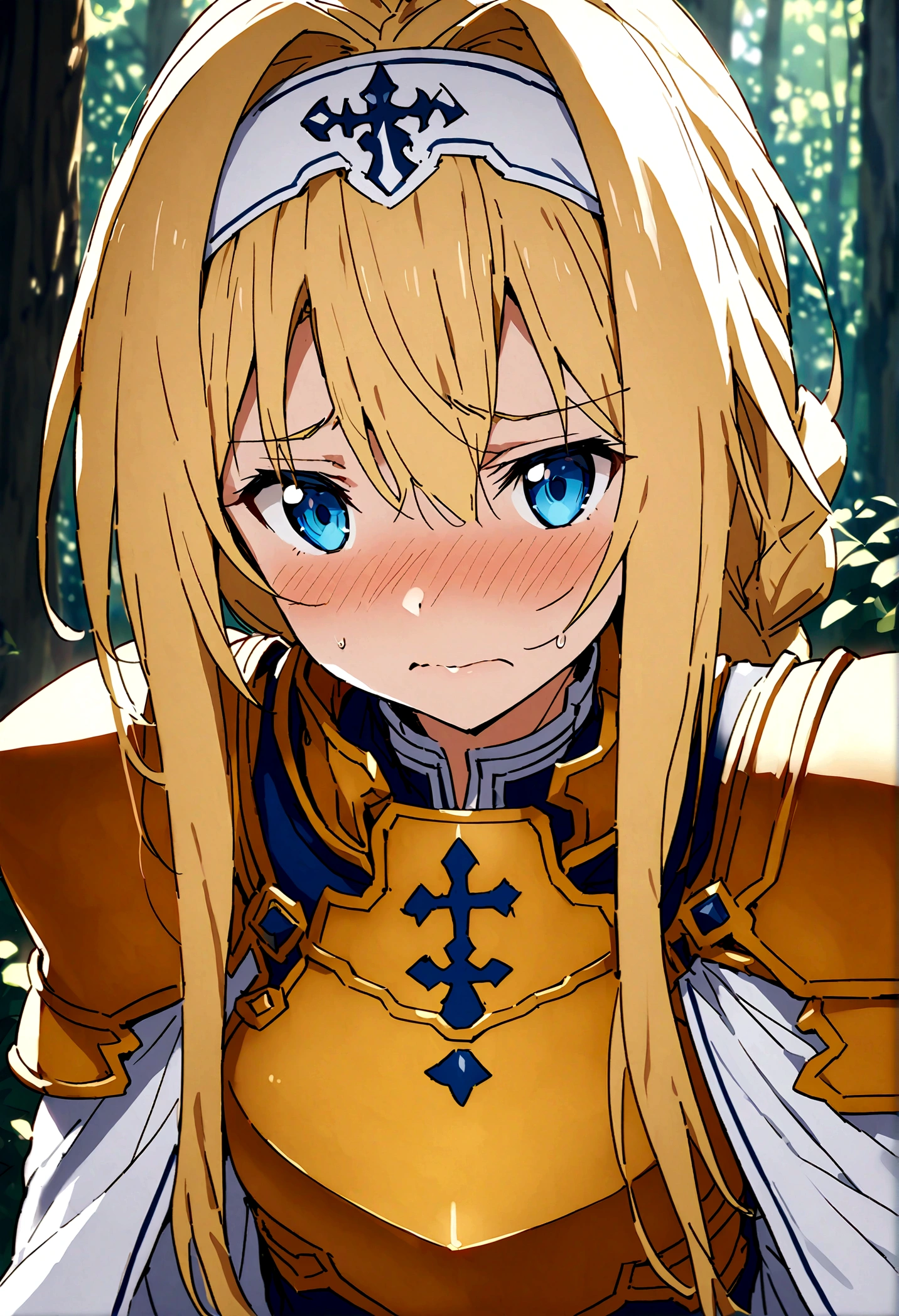 NSFW,masterpiece,Highest quality,High resolution,Super detailed,(Sword Art Online\), Alice Zuberg、bangs、blue eyes、Blonde Hair、Hair between the eyes、Very long hair、Braid、hair band、白いhair band,dress、Cape、armor、青いdress、Shoulder rest、Gauntlet、Scapula、breastplate、armor付きdress、Fold、青いCape、knight、金のarmor,Body Armor,Embarrassed,sexual excitement,Estrus,blush,in the forest