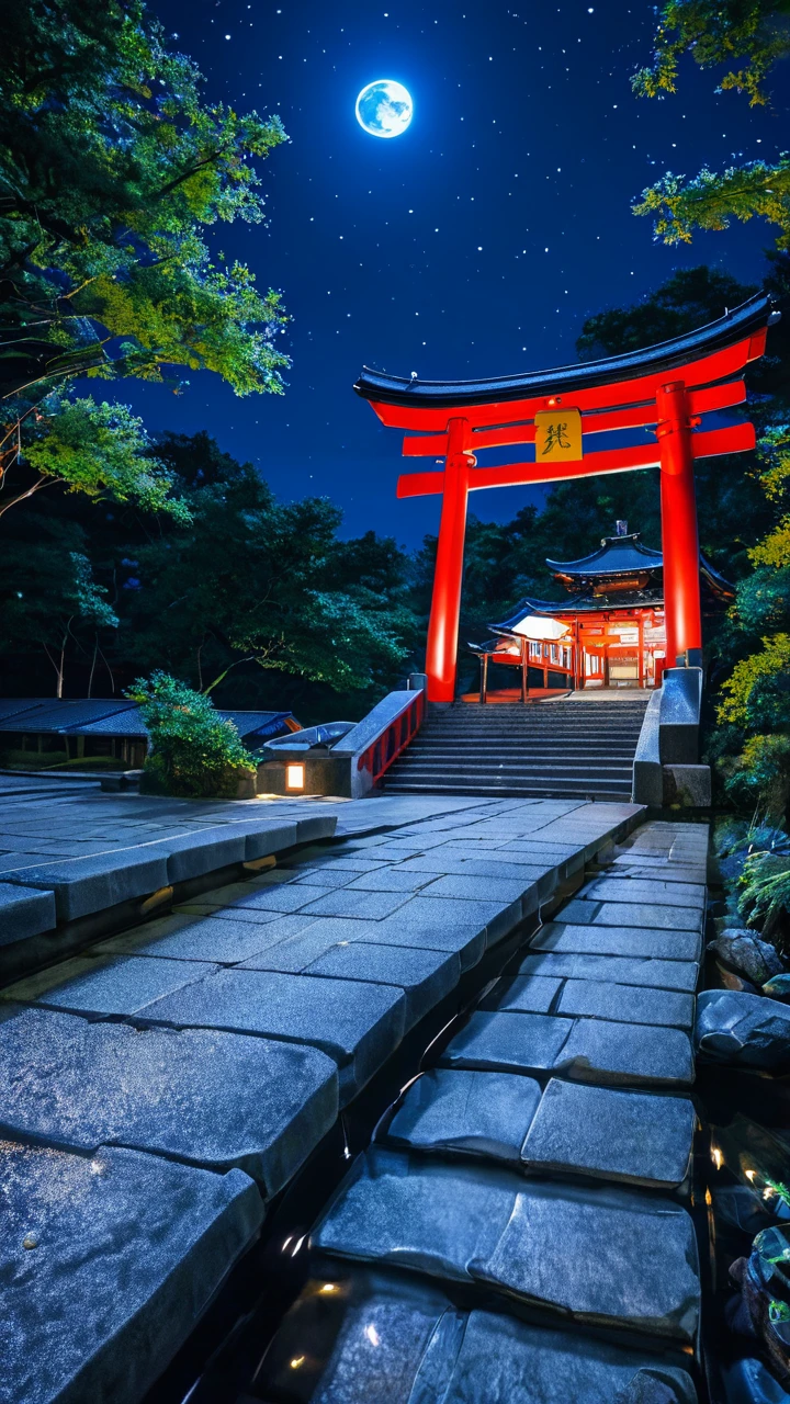 Itsukushima Shrine in Japan, night scene with a background of twinkling stars and a shining moon, main focus on the shrine's torii gate