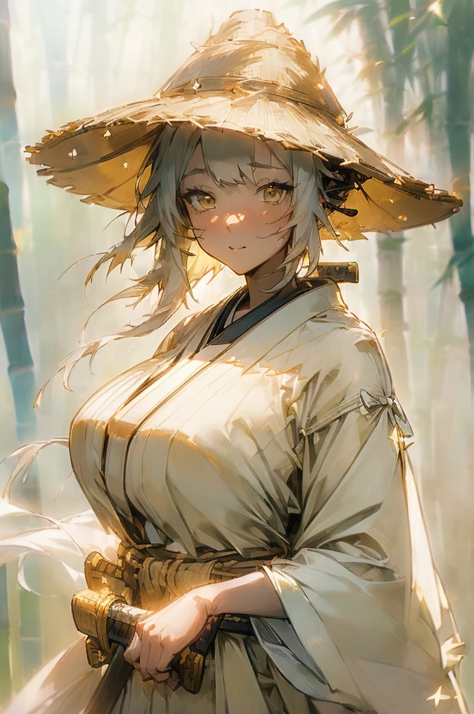 {masterpiece, distinct_image, extremely detailed CG, (extremely detailed fine touch:1.2), (natural light, sun light, light rays, dappled light, ray tracing:1.2), beautiful eyes and detailed face,white ink splashing, photo realistic, 4k, 8k, high_resolution,(perfect_finge:2.0), (beautiful_detailed_eyes:1.3), glitter, white_light, (glow_white_face, front_light:1.3),{1girl, face_focus, looking for_in_viewer, upper_body, dynamic angle, standing, fighting stance, put own sword in sheath, own hand on own waist },{adult, (huge_breasts, wide_hip:1.3), (White sword sheath on waist,Japanese white hakama, white long haori, Detailed sword handle, light yellow_bamboo_hat:1.7),(white_hair, white_eyes, long_hair, fluttering hair, slanted_eyes, bangs:1.4), white background}